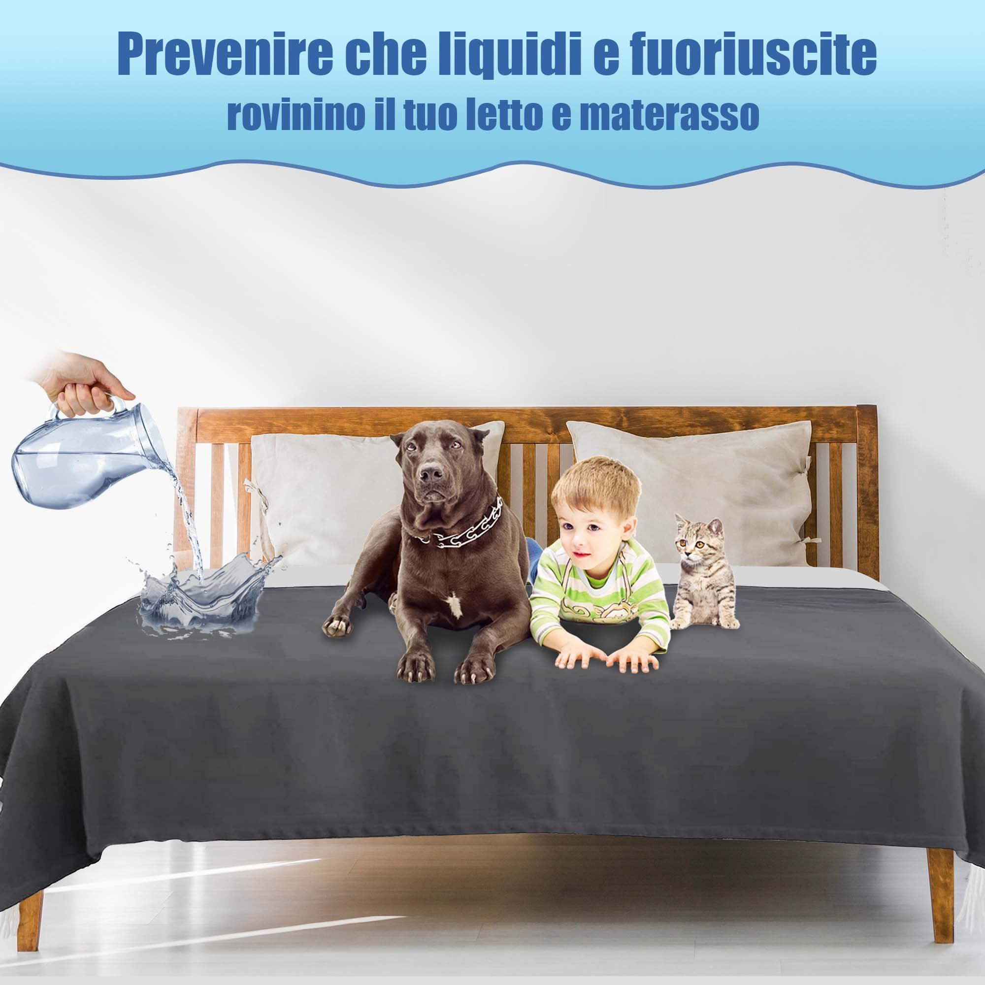Bedding Aid Coperta reversibile impermeabile, protezione per letti, materassi e divani dalle perdite di urina di adulti, bambini, cani, animali domestici (Grigio scuro/Grigio chiaro, 152x203cm)