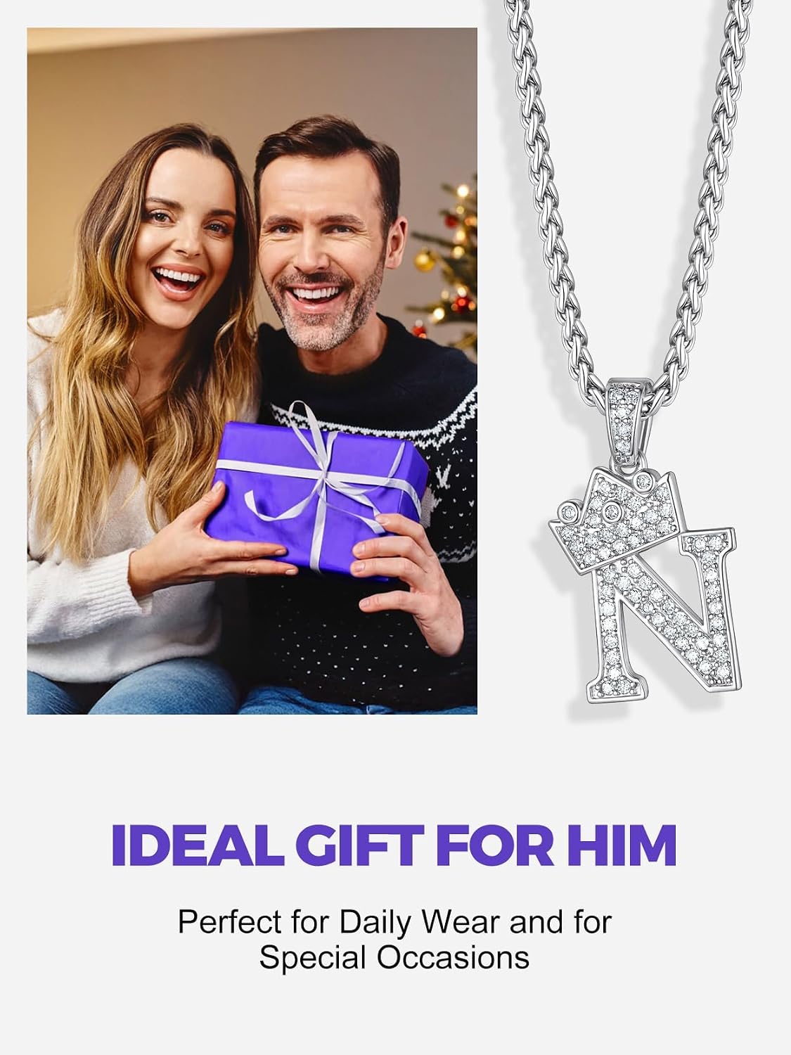 Richsteel Silver Crown Initial A-Z Necklace, Cubic Zirconia Letter Pendant with 22"+2'' Adjustable Chain, Men Women Bling Hip Hop Jewelry for Father's Day/Anniversaries/Birthdays