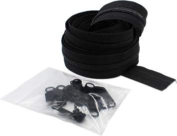 YKK #5 CN Zipper Coil Chain. Each Yard with 2 Sliders. Black, 5 Yards, 10 Black Sliders