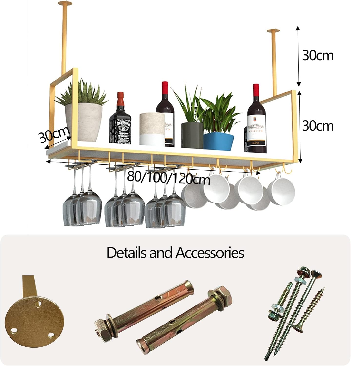 Wine Rack Wine Glass Holder for Bar Cellar Restaurant Ceiling Hanging Shelf Pot Rack Kitchen Pan Rack Cookware Hanger Storage Shelving Flower Stand (Size : 120x30x60cm)