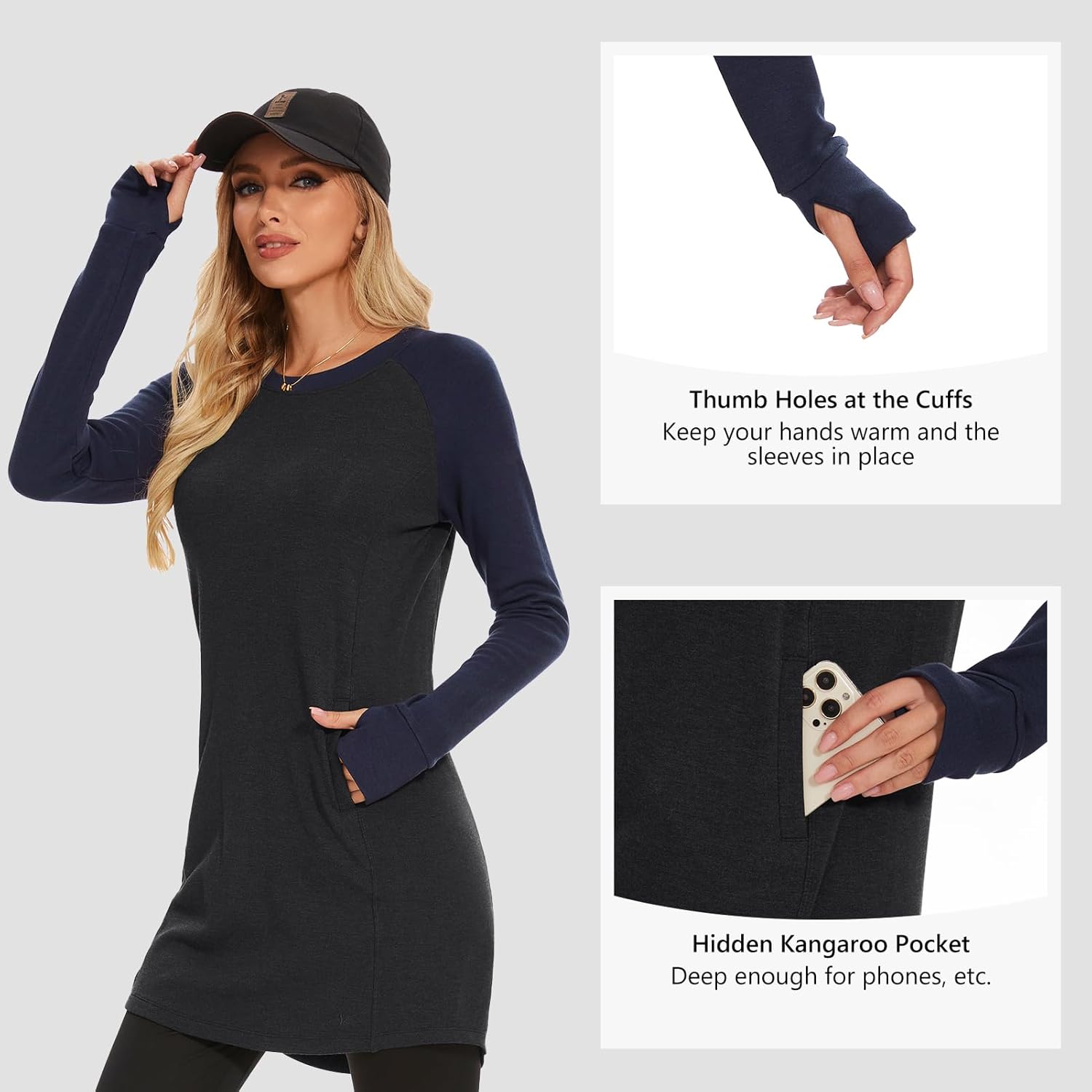 Lightbare Women’s Fleece Long Sleeve Dress Thermal Pullover Crew Neck Tunic Sweatshirt Dress with Pocket Winter Dresses - Image 4