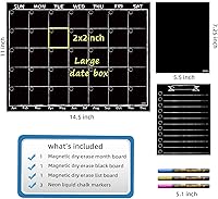 Vista 2 de Pizarra magnética para calendario mensual con marcadores de tiza líquidos brillantes en neón – Pizarra de planificación mensual para refrigerador