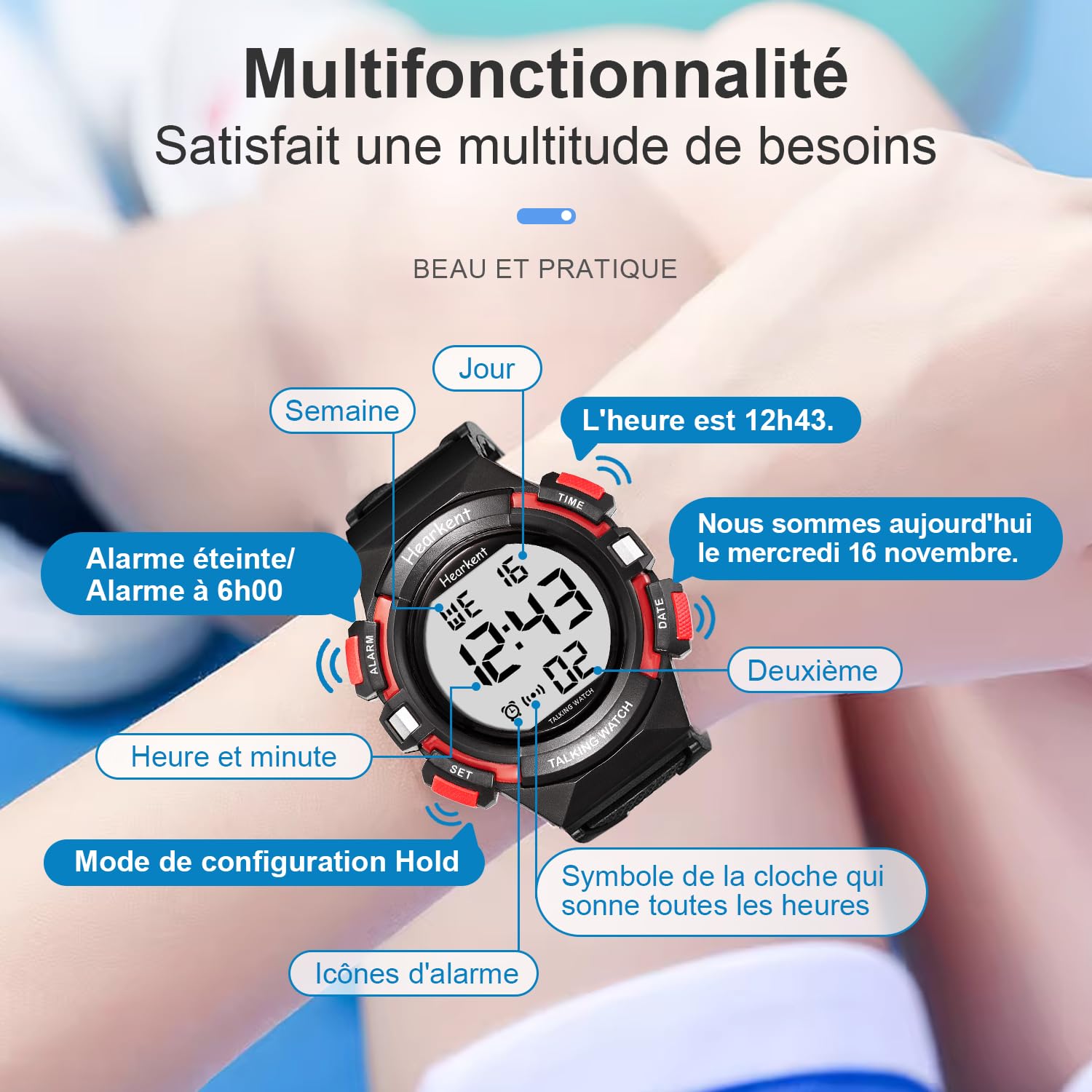 Hearkent Montre Parlante, Malvoyante et Aveugle, Voix Claire, Rouge | Français Accent Annonce Time, Week, Date, Alarme, Grands Affichage Digital, Bracelet Confortable