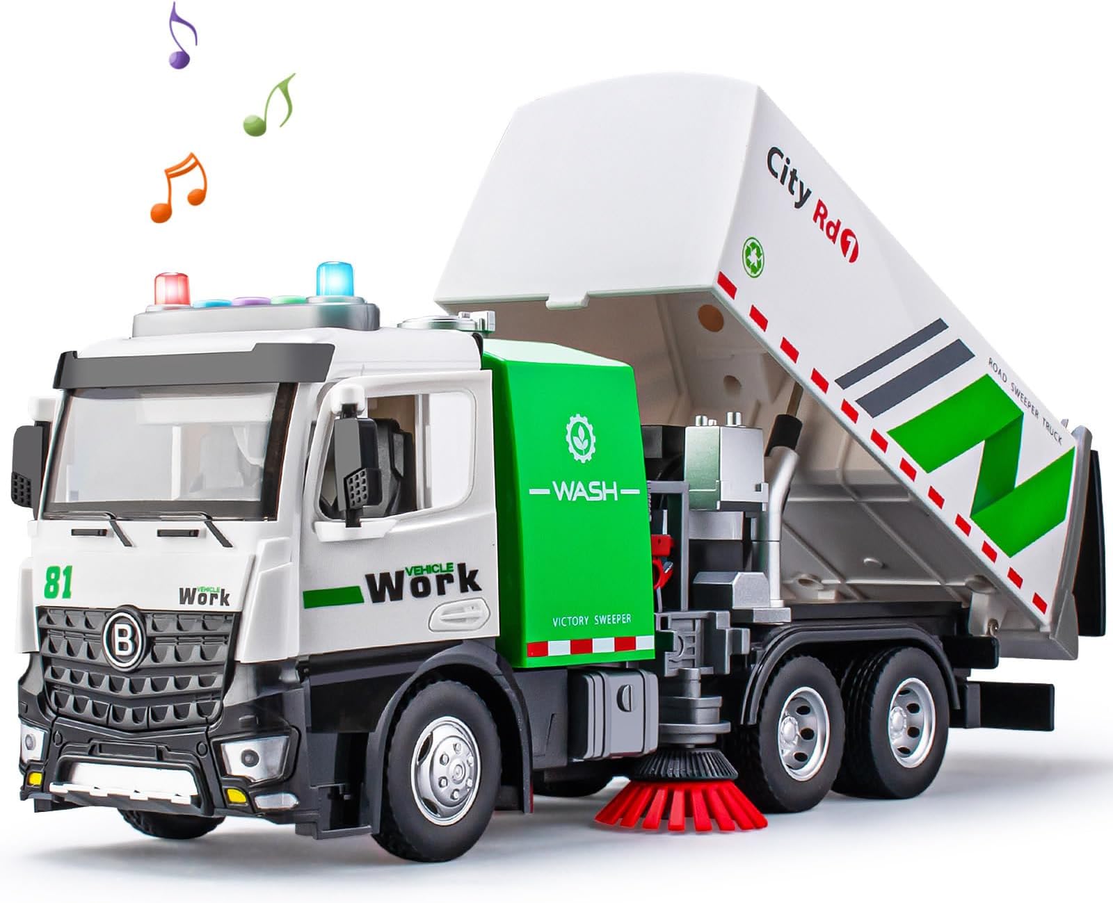 Street Sweeper Truck with Open-able Doors, 11.5" Big Trash Truck with Lights and Sounds, Friction Powered Garbage Toys Gift for Boys Girls Kids