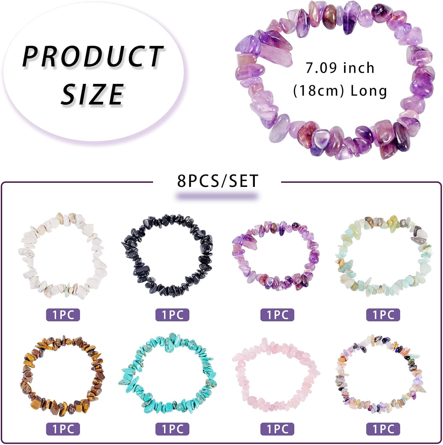 8Pcs Natural Gemstone Chips Stretch Bracelets Healing Chakra Quartz Crystal Beaded Bracelet Bulk Mixed Color Irregular Stone Friendship Bracelets for Women Men Couples Gifts - Image 3