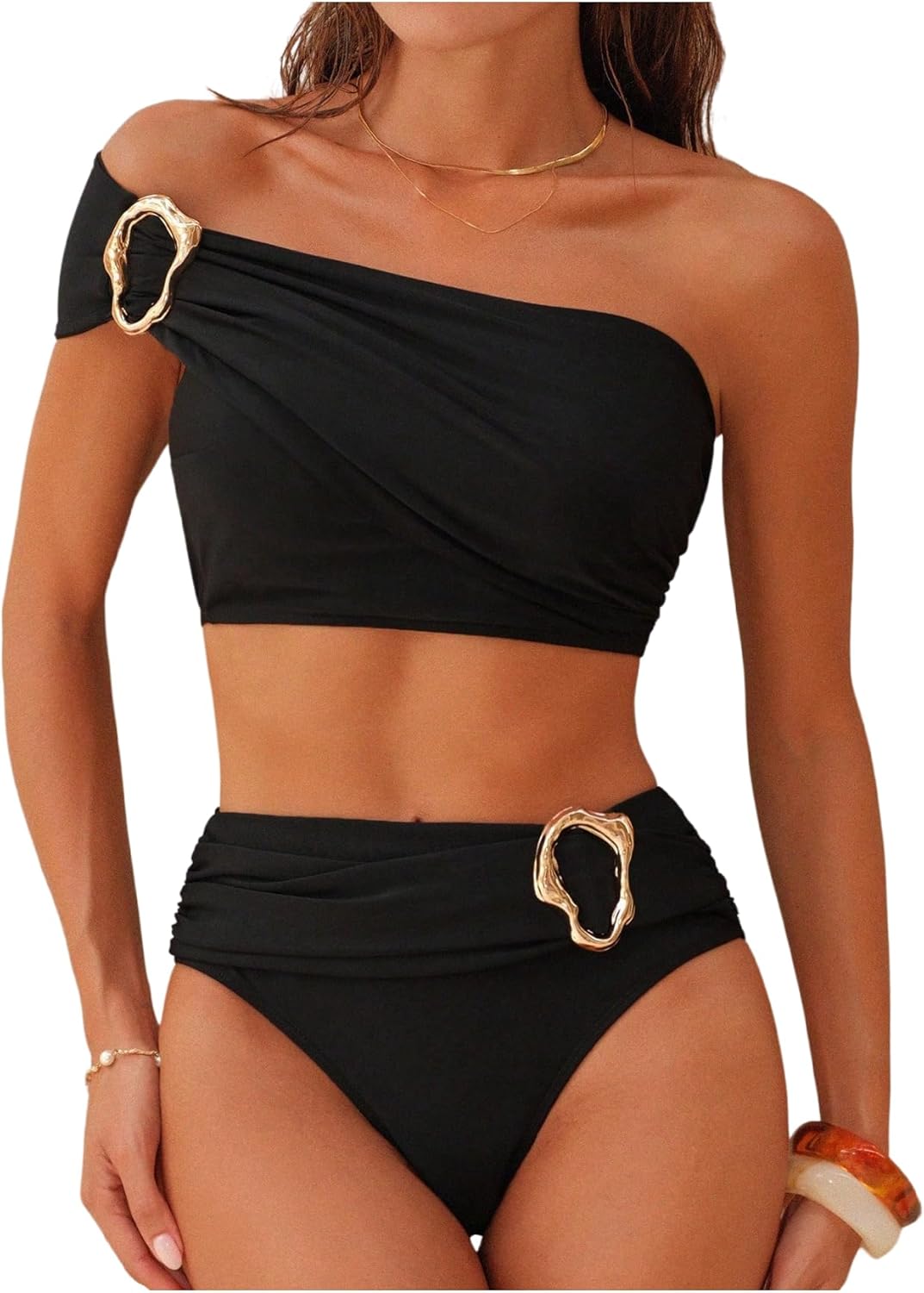 GORGLITTER Women's One Shoulder Swimsuits Metal Ruched High Waisted Old Money Bikini Trendy Summer Bathing Suit