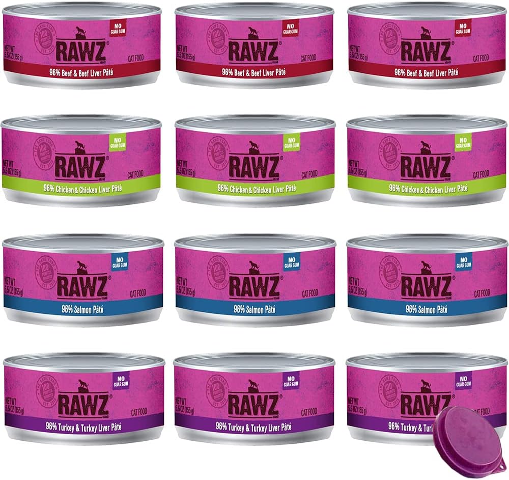 RawzNatural Premium Canned Cat Wet Food Pate-12 Pack Variety - 4 Flavors - (Turkey, Chicken & Liver, Salmon & Beef) (5.5oz Cans,) Lid