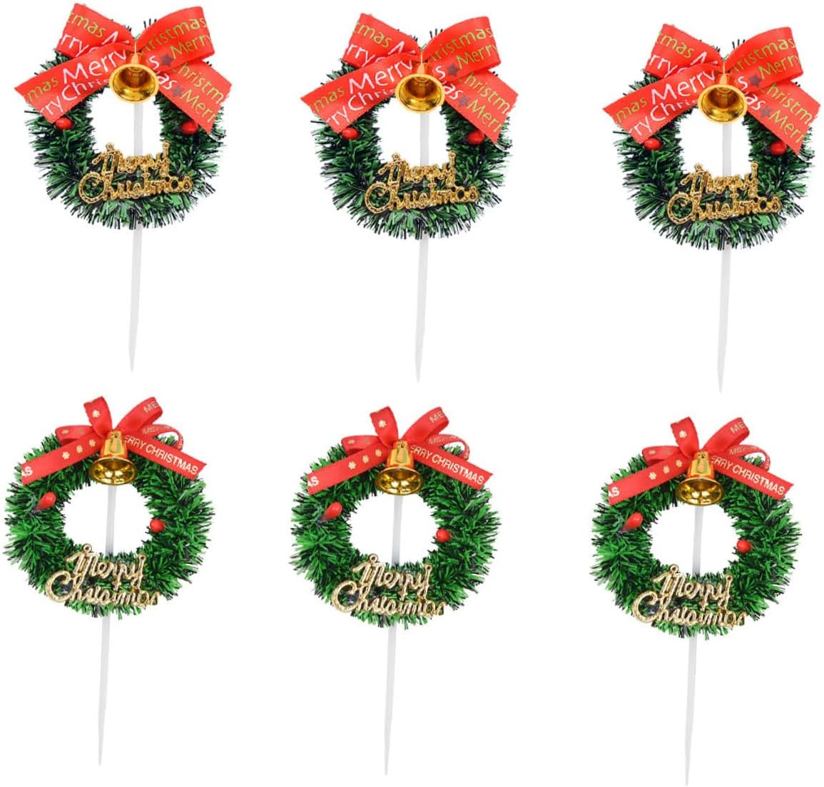 6pcs Christmas Wreath Cake Toppers Bowknot Decorations for Holiday Party Cake Supplies Non-edible Plastic Insert Picks for Birthday and Festive Decorating Random Style