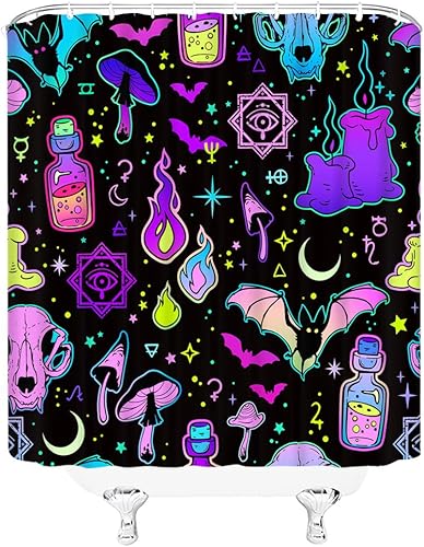 Vista 3 de Cortina de ducha Happy Halloween con diseño de calavera de bruja, murciélago espeluznante, alquimia gótica, tablero de ouija mágico, hongo de bruja