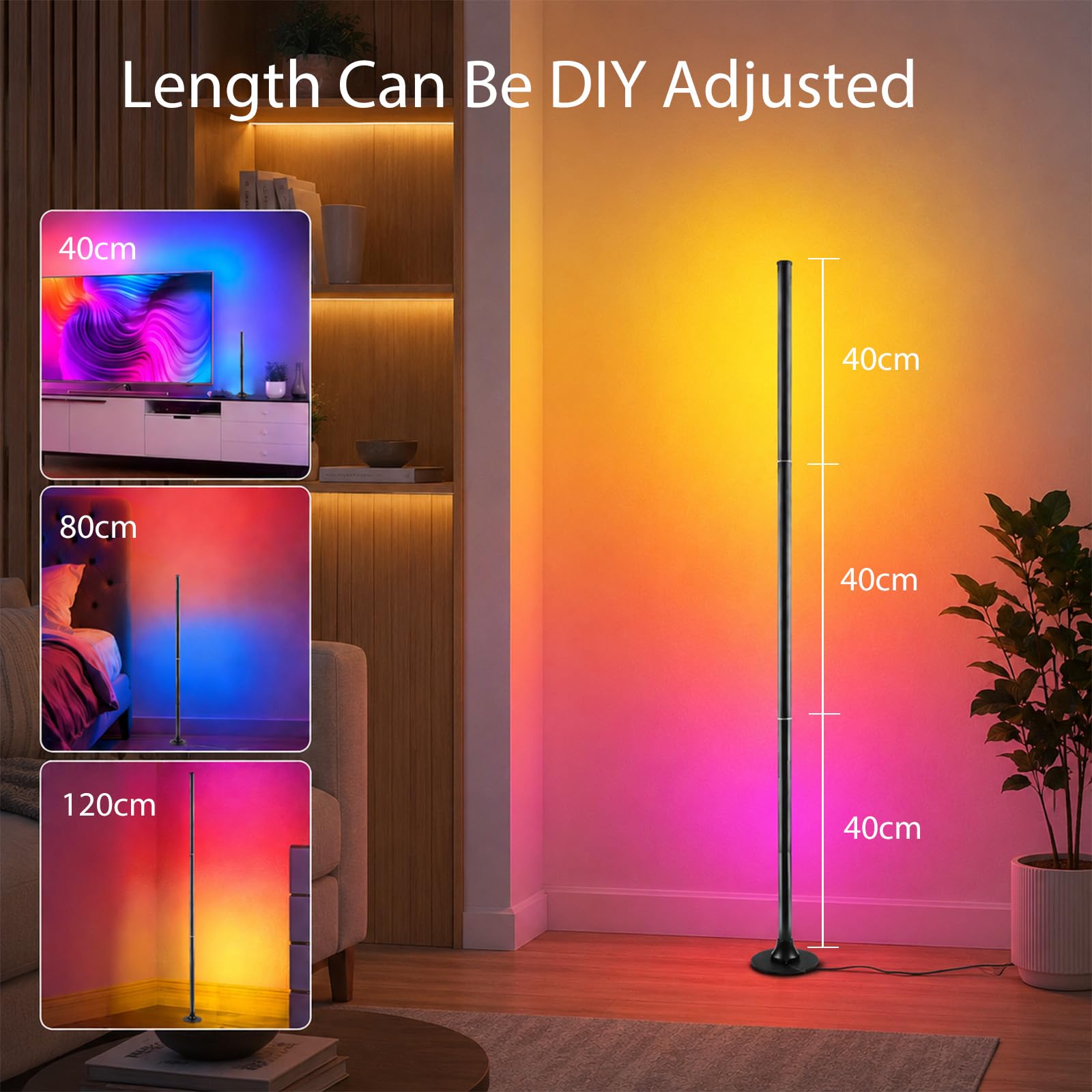 Aourow RGB Stehlampe 120CM, Ecklampe Dimmbar mit Smart App & Fernbedienung | 16 Millionen Farben,Musiksynchronisierung,100+ DIY-Modus & Timing -Funktion für Schlafzimmer,Gaming