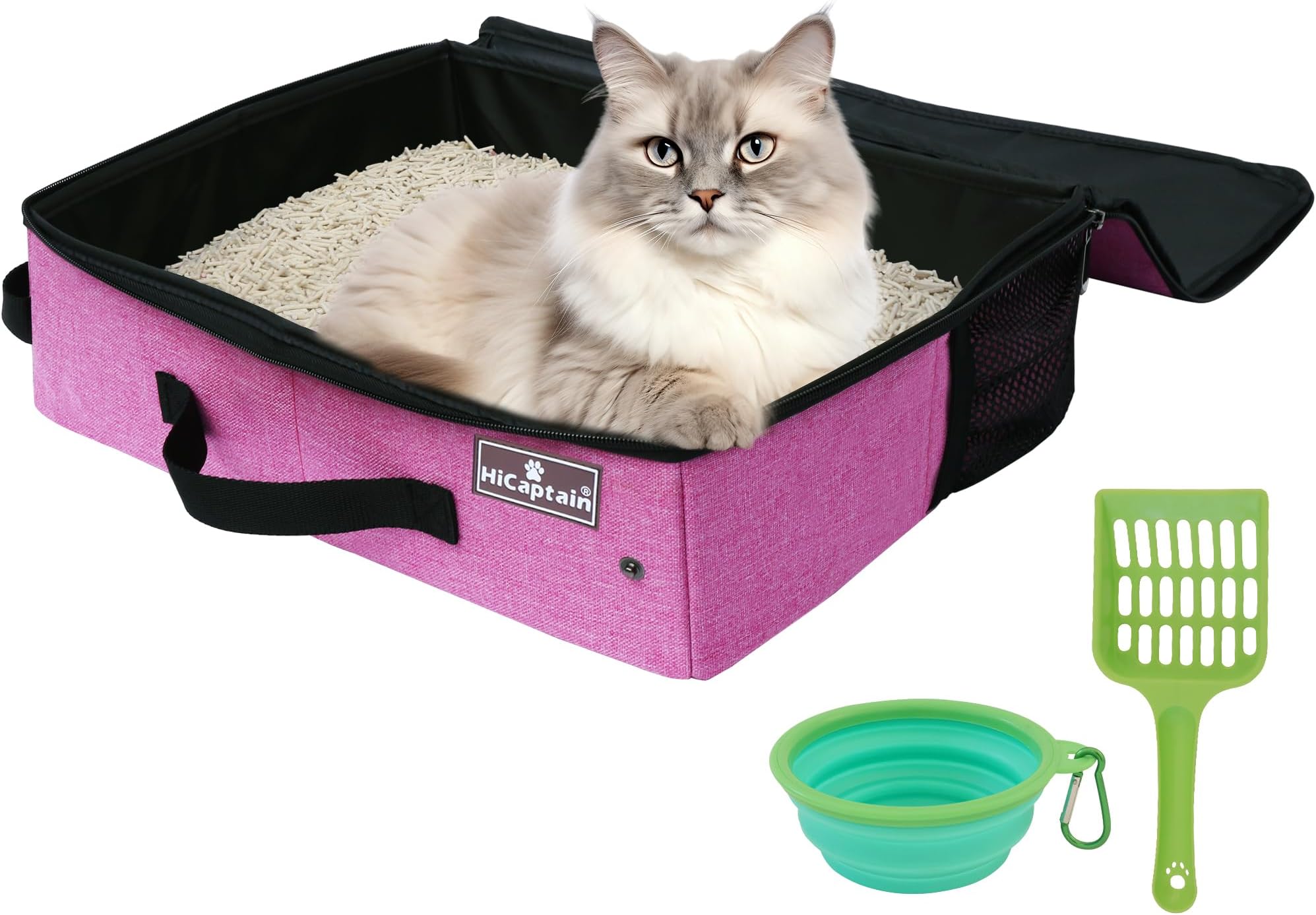 HiCaptainPortable Cat Travel Litter Box with Lid, Collapsible Travel Litter Box for Medium and Large Cats, Leak Proof, Foldable Standard Litter Carrier Box for Traveling - Pink
