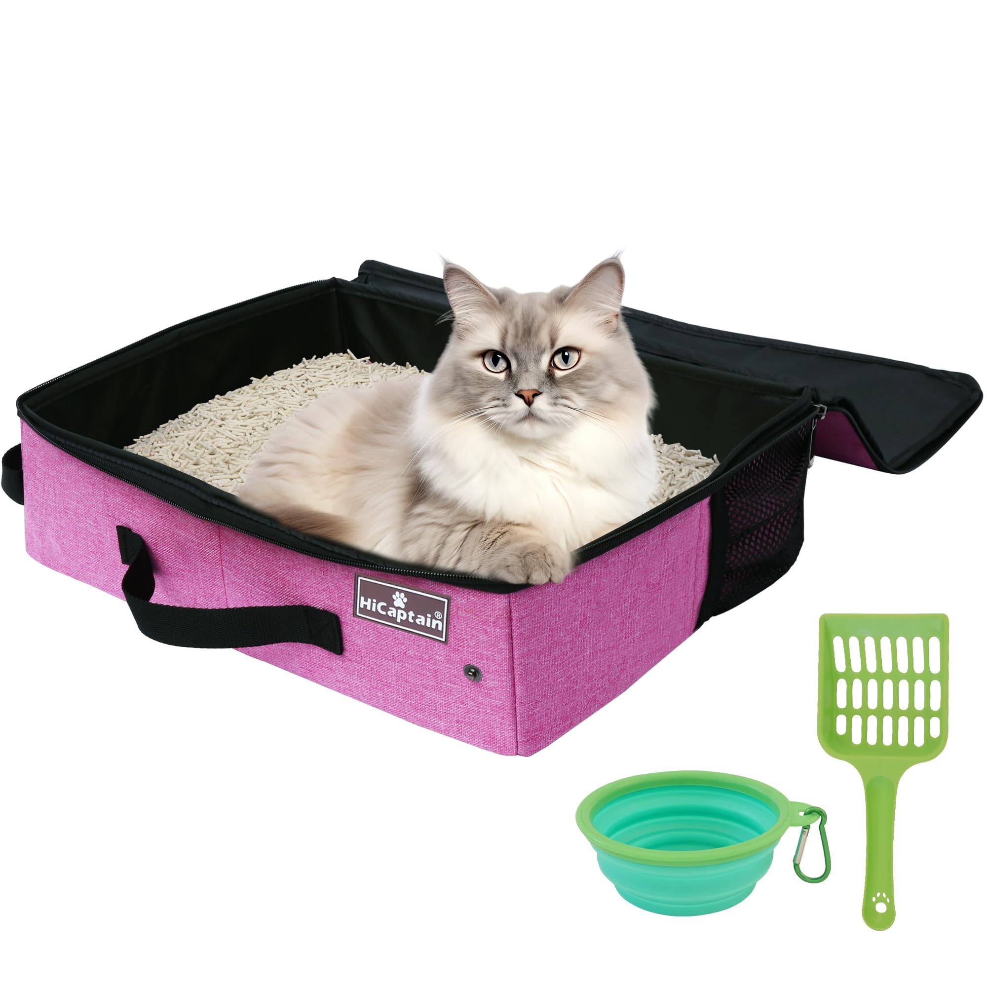 HiCaptainHiCaptain Portable Cat Travel Litter Box with Lid, Collapsible Travel Litter Box for Medium and Large Cats, Leak Proof, Foldable Standard Litter Carrier Box for Traveling - Pink