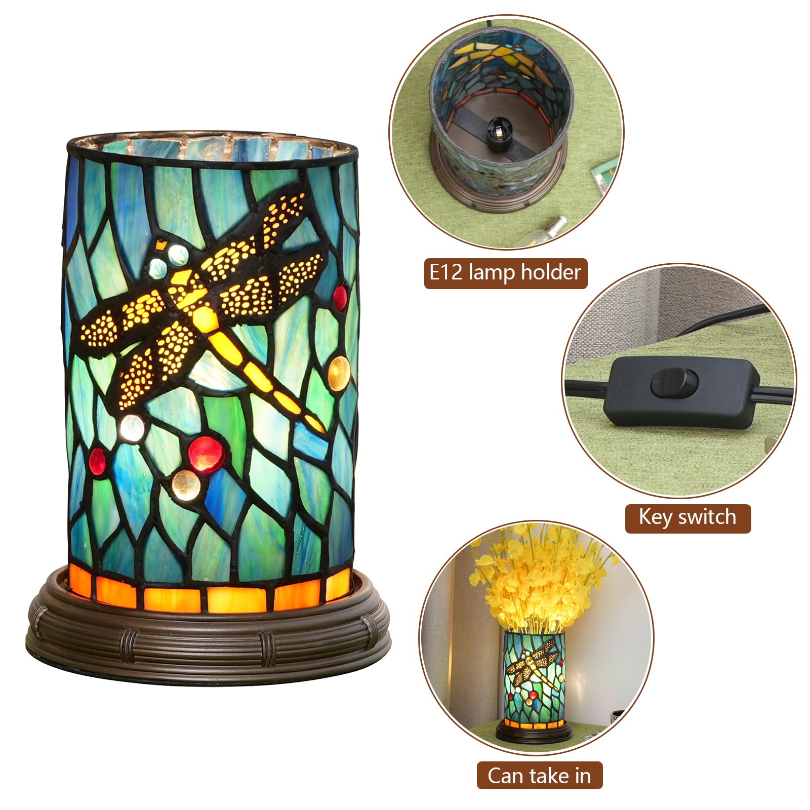 Blivuself Tiffany Style Stained Glass Dragonfly Table lamp Bedroom Bedside Flower Vase Decor Green Small Night Light Mini Cute Kids Accent Unique LED Cottage Aesthetic Nightstand Cylinder Desk lamp