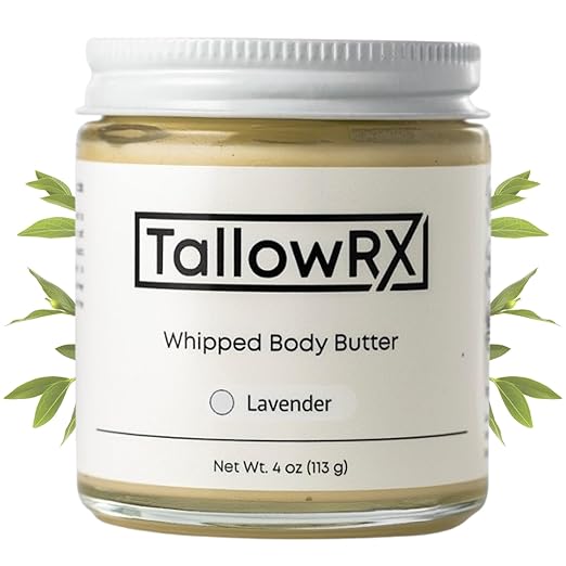 Whipped Tallow Body Butter – 100% Grass-Fed Beef Tallow for Skin & Body – Pure & Organic Moisturizer with Jojoba Oil & VItamin E – Deep Hydration & Nourishment for Dry Skin (4 oz, Lavender)