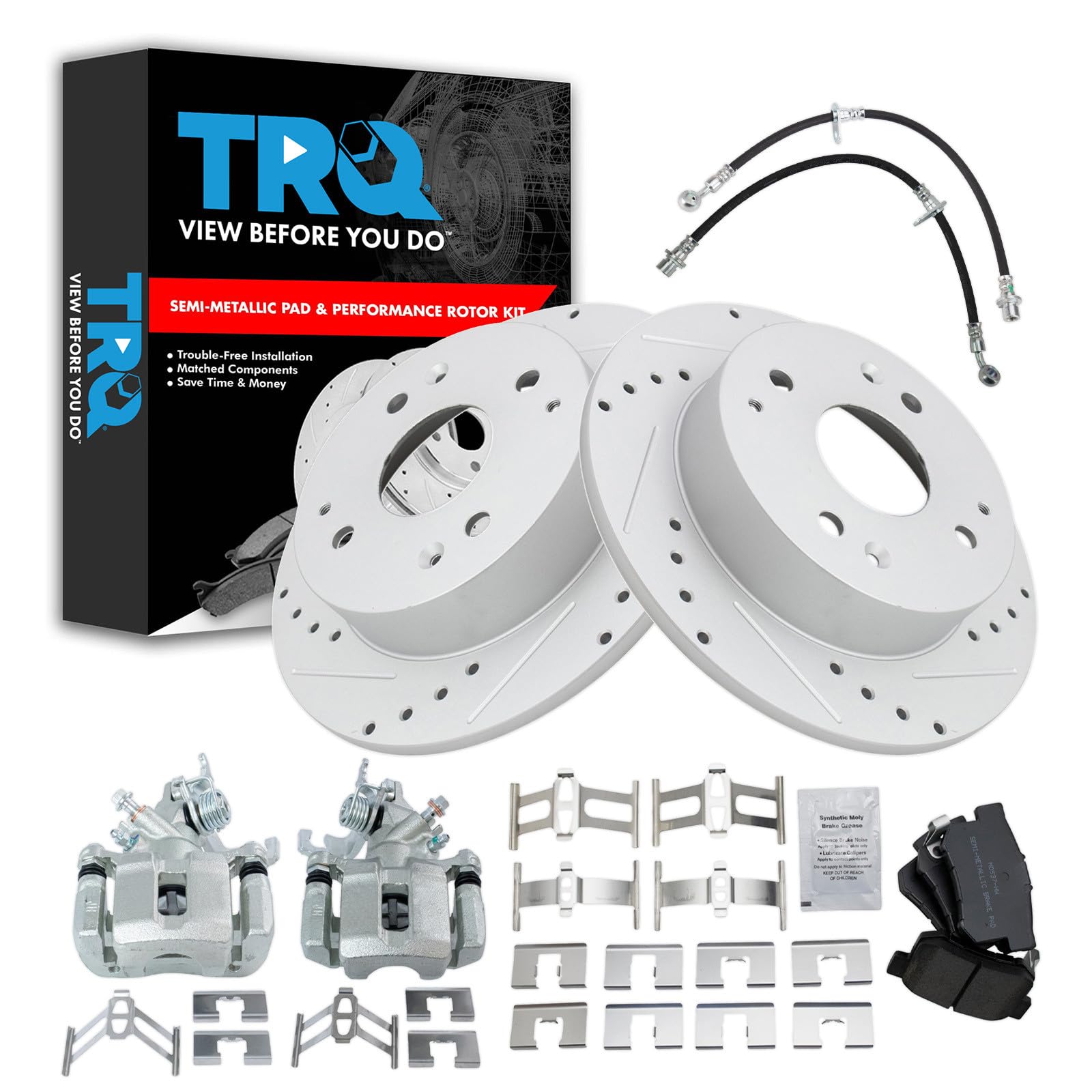 TRQ Performance Rear Brake Pad and Rotor Set Semi Metallic Drilled Slotted Calipers Compatible with 1998-2002 Honda Accord
