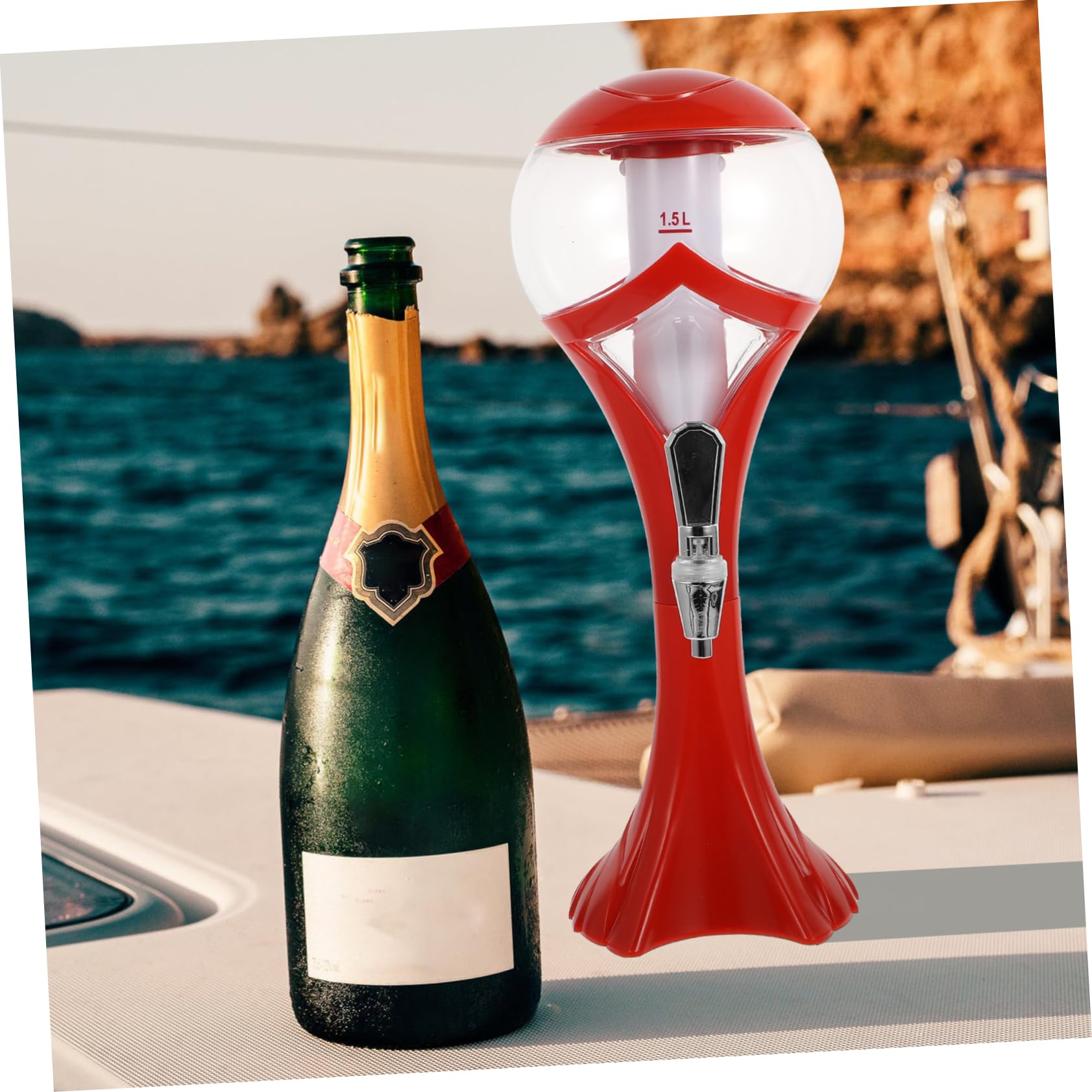 Cabilock Dispensador de Bebidas Grifo y Diseño de Hielo Independiente, Plástico Rojo de 1.5l para Cerveza y Otras Bebidas en Patio o Casa