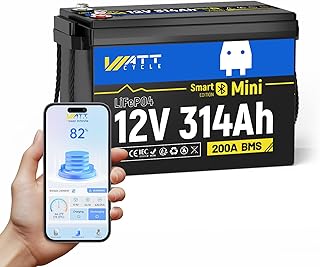 Wattcycle 12V 314AH Lithium LiFePO4 Battery Mini with Bluetooth 5.0, 200A BMS, 4.01kWh Energy, Upgraded Aluminum Cooling Fins & Braided Copper Wires, for Off-Grid, RV, Trolling Motor, Camping