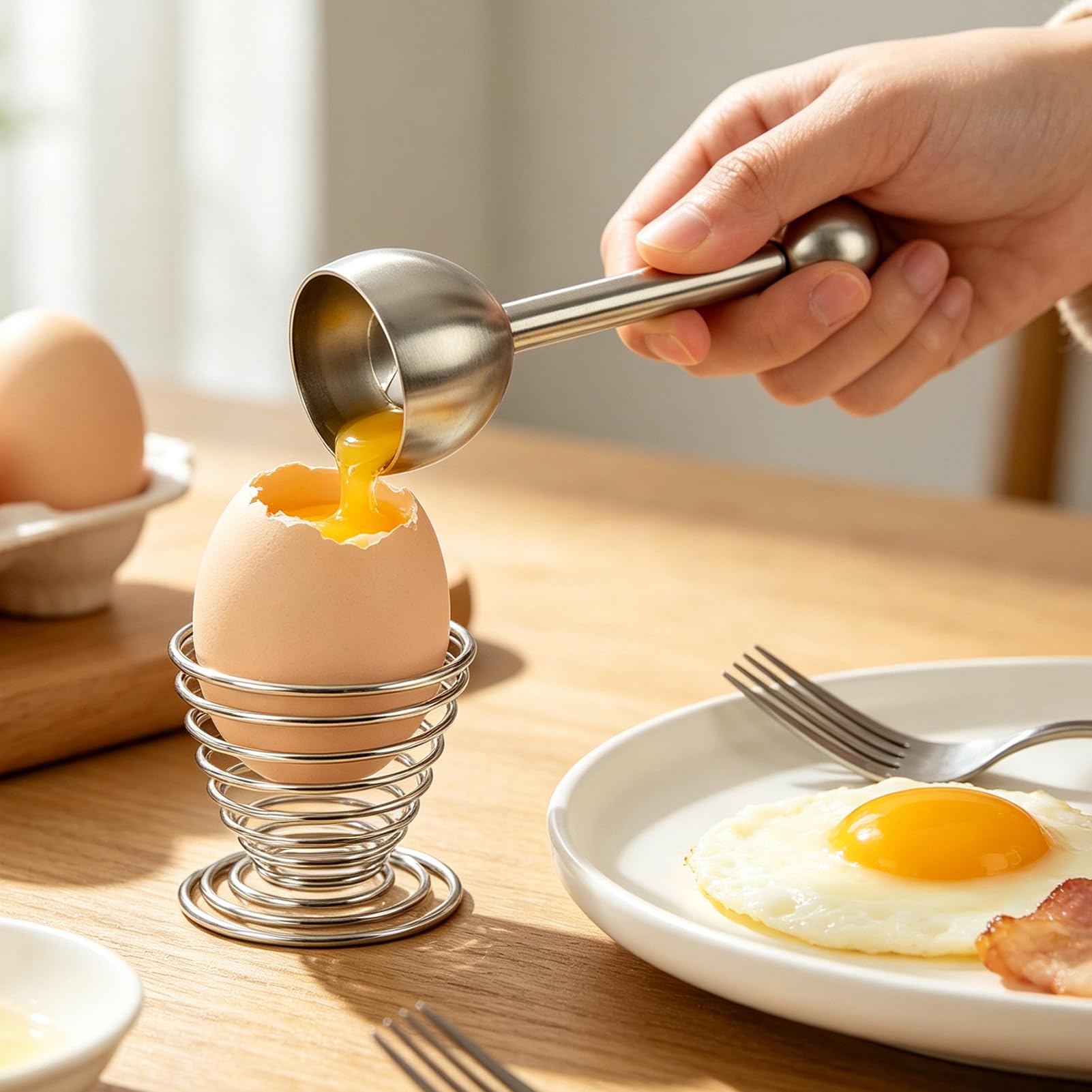 2pcs Abridor de cáscaras de huevos cocidos de acero inoxidable Incluye cortador de huevos, separador y un huevero, perfecto para huevos duros, blandos y crudos Fácil de usar