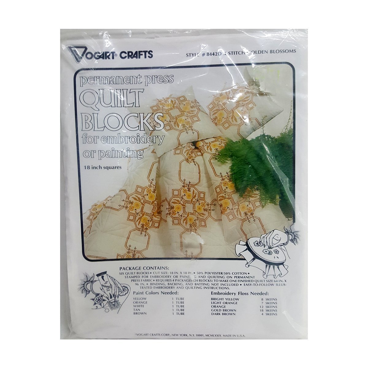 Vogart Crafts Quilt Blocks for Embroidery or Painting (6) 18 Squares 8442D Golden Blossoms