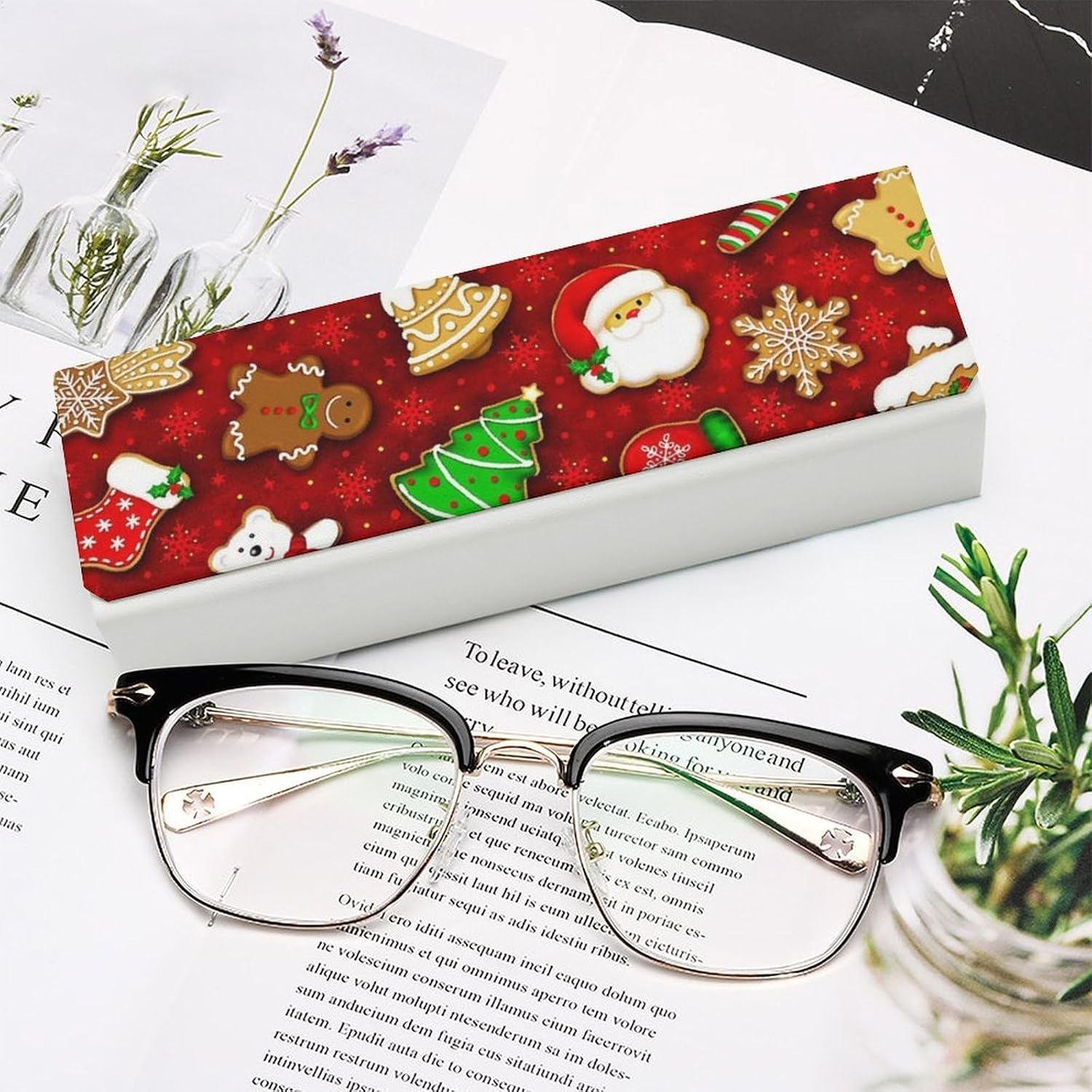 Happy Christmas Eyeglass Case, Durable Convenient Spectacle Cases with Cleaning Cloth Leather Eyeglasses Storage Box for Sunglasses Man Women
