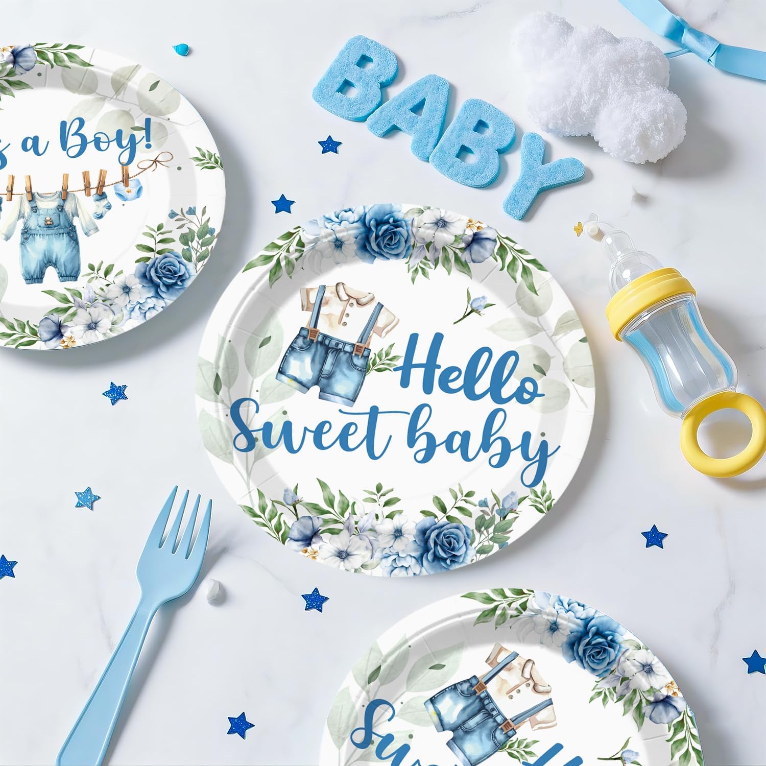 cocomigo 363PCS Blue Baby Boy Shower Decorations Tableware Set, 50 Serves Disposable Plates and Napkins Set, with Cake Topper, Centerpieces, Banner, Tablecloth, for Baby Boy Baby Shower Decorations