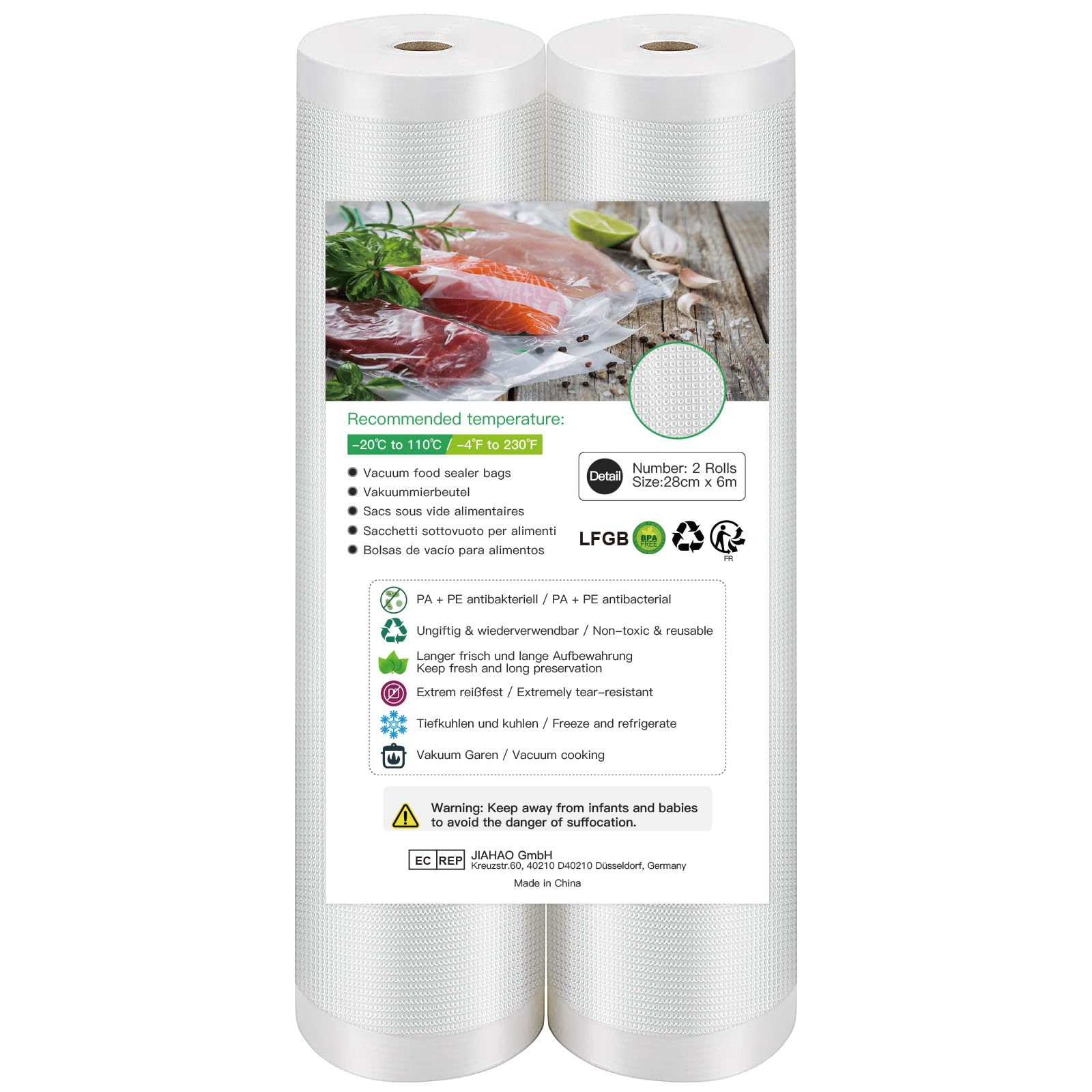 Accenter Vacuum Food Sealer Rolls, 2 Rolls 28x600cm, Vacuum Sealer Bags Heavy-Duty Reusable Multi-layer Heat-Sealed Composite PA+PE, Self Seal, Clear, Food Preservation, Sous Vide Cooking, BPA-Free