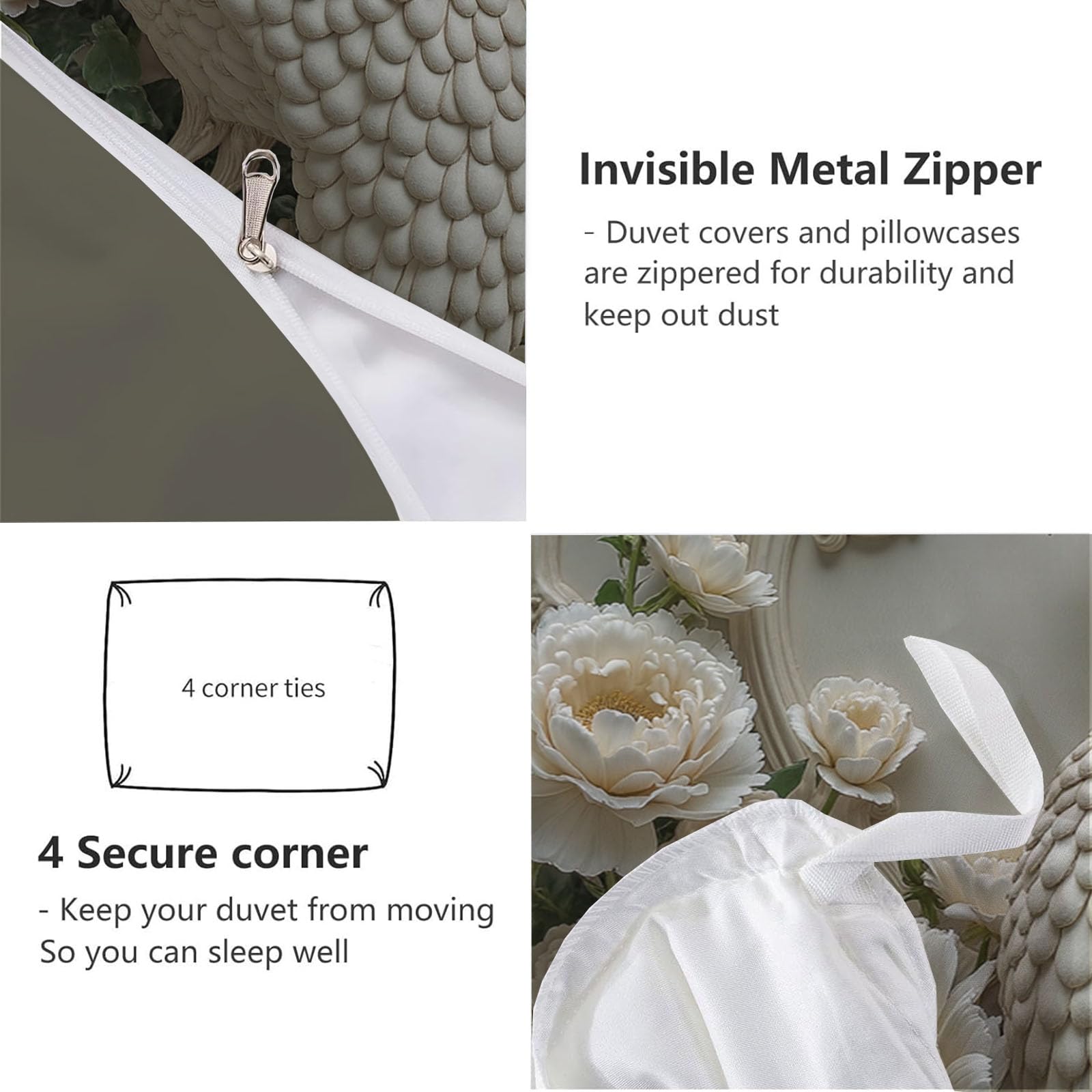 Copripiumino Matrimoniale Pavone Elegante Fiori, Set di Biancheria da Letto Effetto Rilievo Visivo Barocco Rilievo, Copri Piumino 220x240cm con 2 Federe 50x75 cm, Microfibra Morbida Lavabile, Bianco