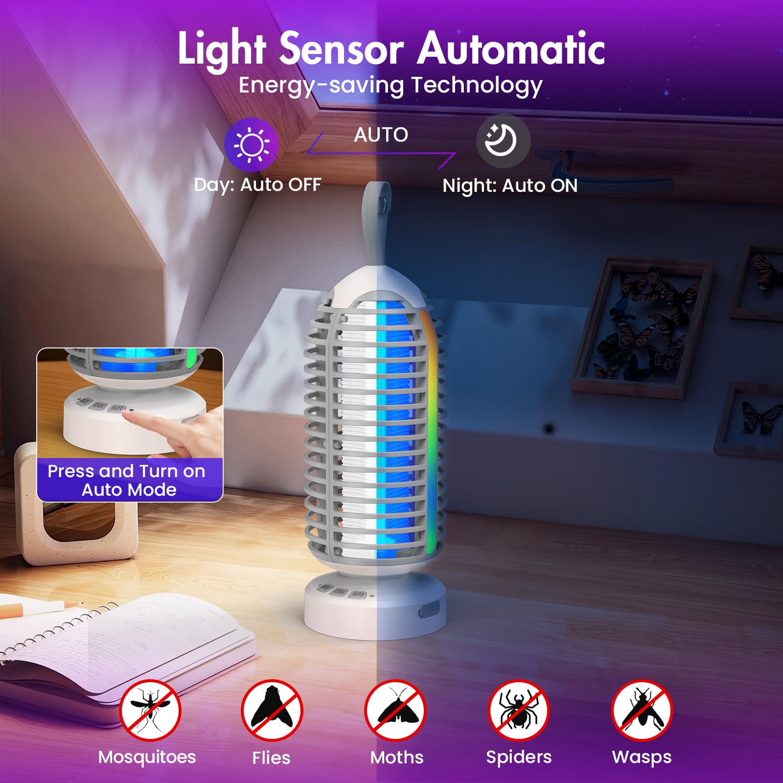 Kabelloser Insektenvernichter für drinnen und draußen, mit bunter Beleuchtung und Auto-Sensing, tragbar, wiederaufladbar, kabellos, für Camping, Terrasse, Garten, Küche, 4000 mAh Akku, elektrische