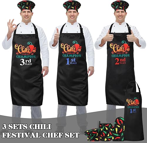 Miniatura 5 de Suhine Juego de 3 juegos de chili Cook off Chef Delantal, sombrero, manoplas de horno de chile y agarraderas, suministros divertidos de Chile Cook