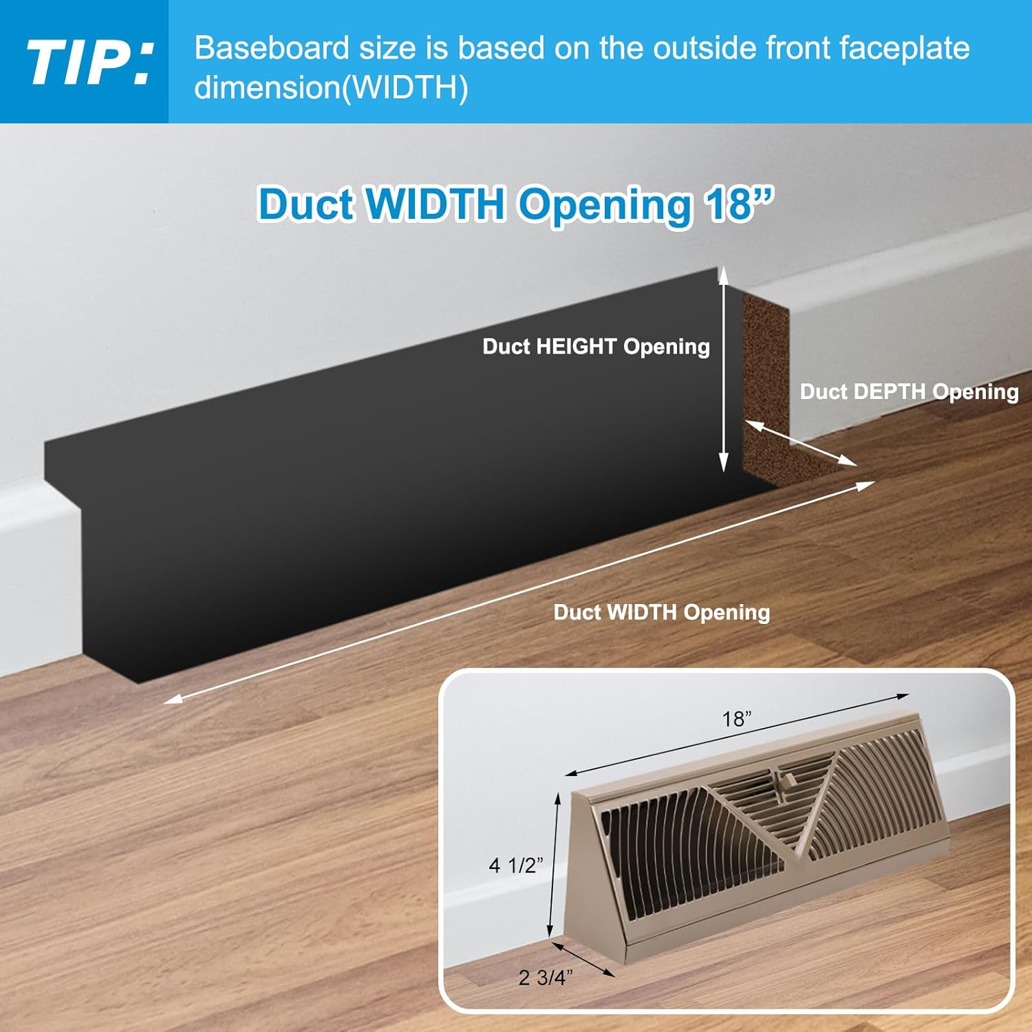 4 Pcs Baseboard Register Vent 18 Inch Duct Opening Size Baseboard Vent Covers Baseboard Diffuser Adjustable Corner Baseboard Return Air Grille for Home Floor Wall Air Flow Control(Brown)