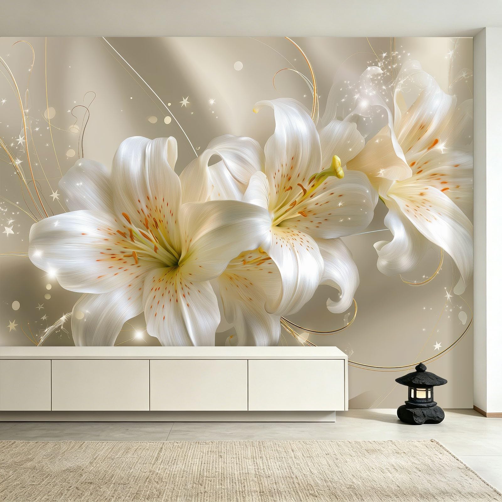 Tapeta - białe lilie gwiazdy linie 350 x 256 cm (szer. x wys.) - włóknina, druk artystyczny, polar, fototapeta ścienna, plakat, nowoczesny, minimalistyczny 3D, do salonu, sypialni i kuchni, fototapeta