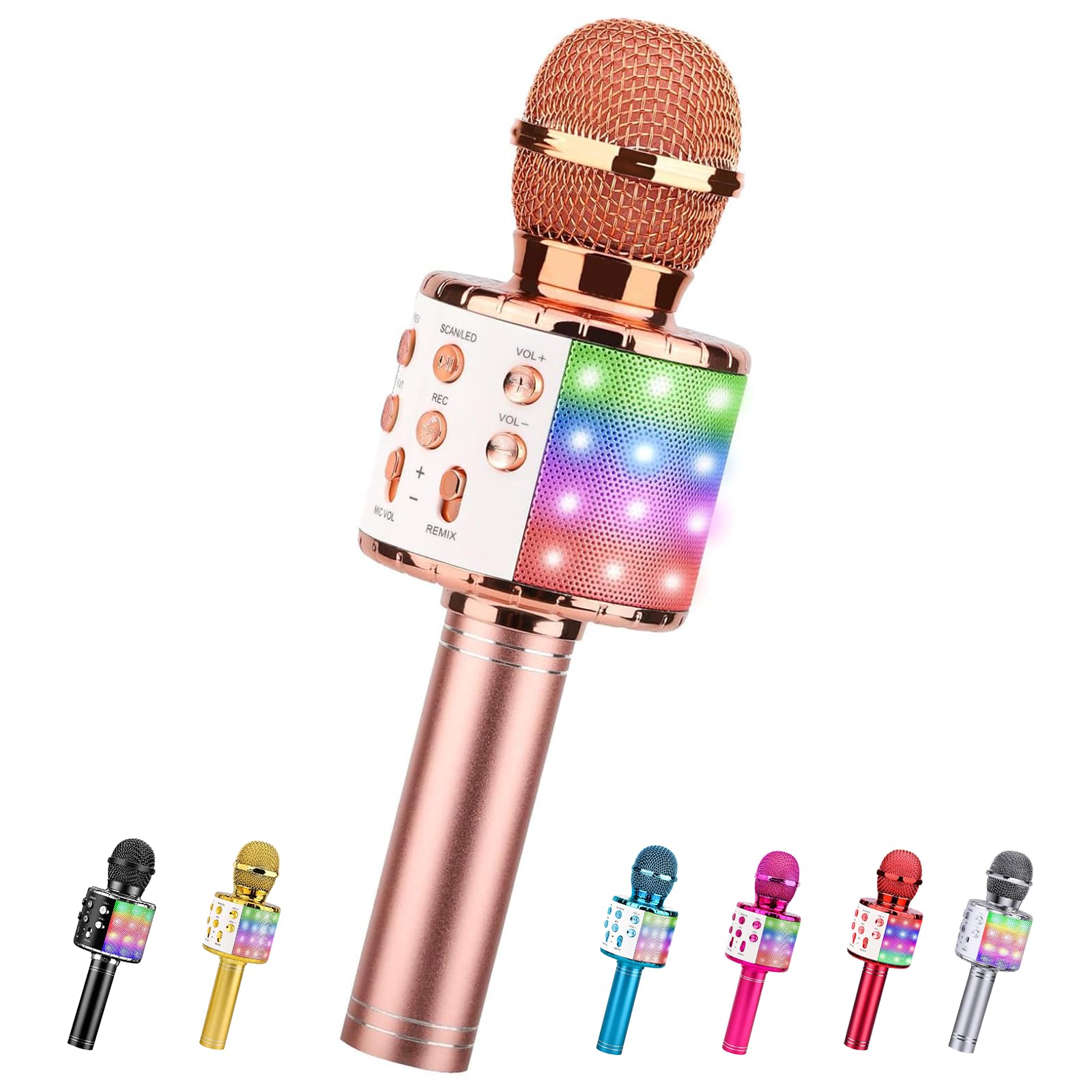 ShinePick Mikrofon Kinder Bluetooth, 4-in-1 Drahtloses Karaoke Mikrofon, Tragbare LED Microphone Spielzeug ab 4-12 Jahre, Heim KTV Karaoke Gerät kompatibel mit iOS Android PC(Roségold)