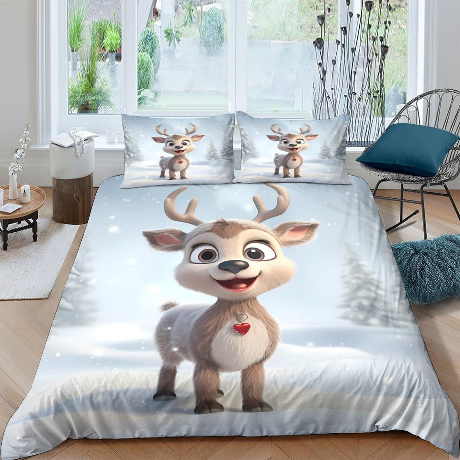 Ctjqhvkz Style-4 3D Printed Cartoon Reindeer Fitted Sheet Microfiber Soft Winter Forest Bed Cover For Bedroom Dorm Mattress Decor Single（135X200cm）