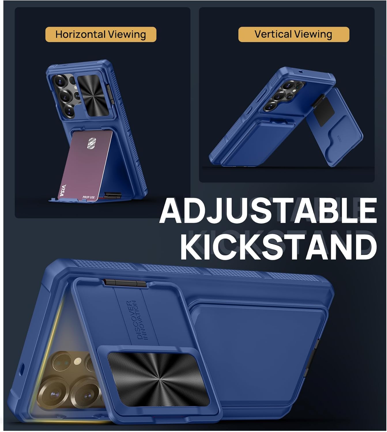 SSLOTSCASE for Samsung Galaxy S25 Ultra Case with 2X Screen Protector, Stand & Credit Card Holder & Sliding Camera Cover, Full-Body Drop Proof Silicone Edge Protective Cover for S25 Ultra, Blue