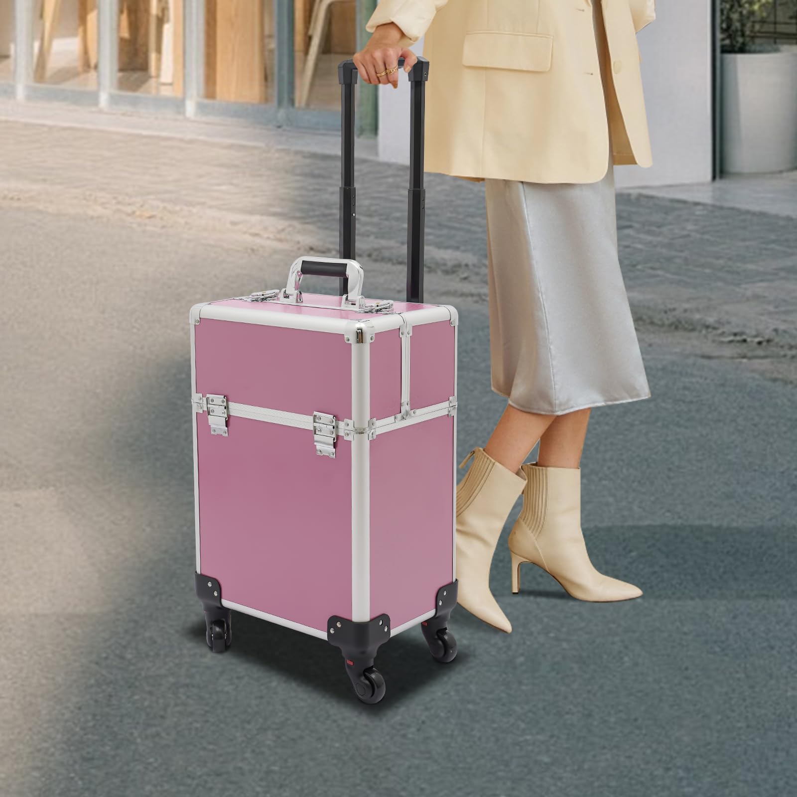 Rolling Makeup Train Case, Professional Aluminum Trolley Cosmetic Train Case with 360° Rotation Wheels & Key, Barber Case Traveling Cart for Nail Technicians Cosmetology Case for Hairstylist, Pink