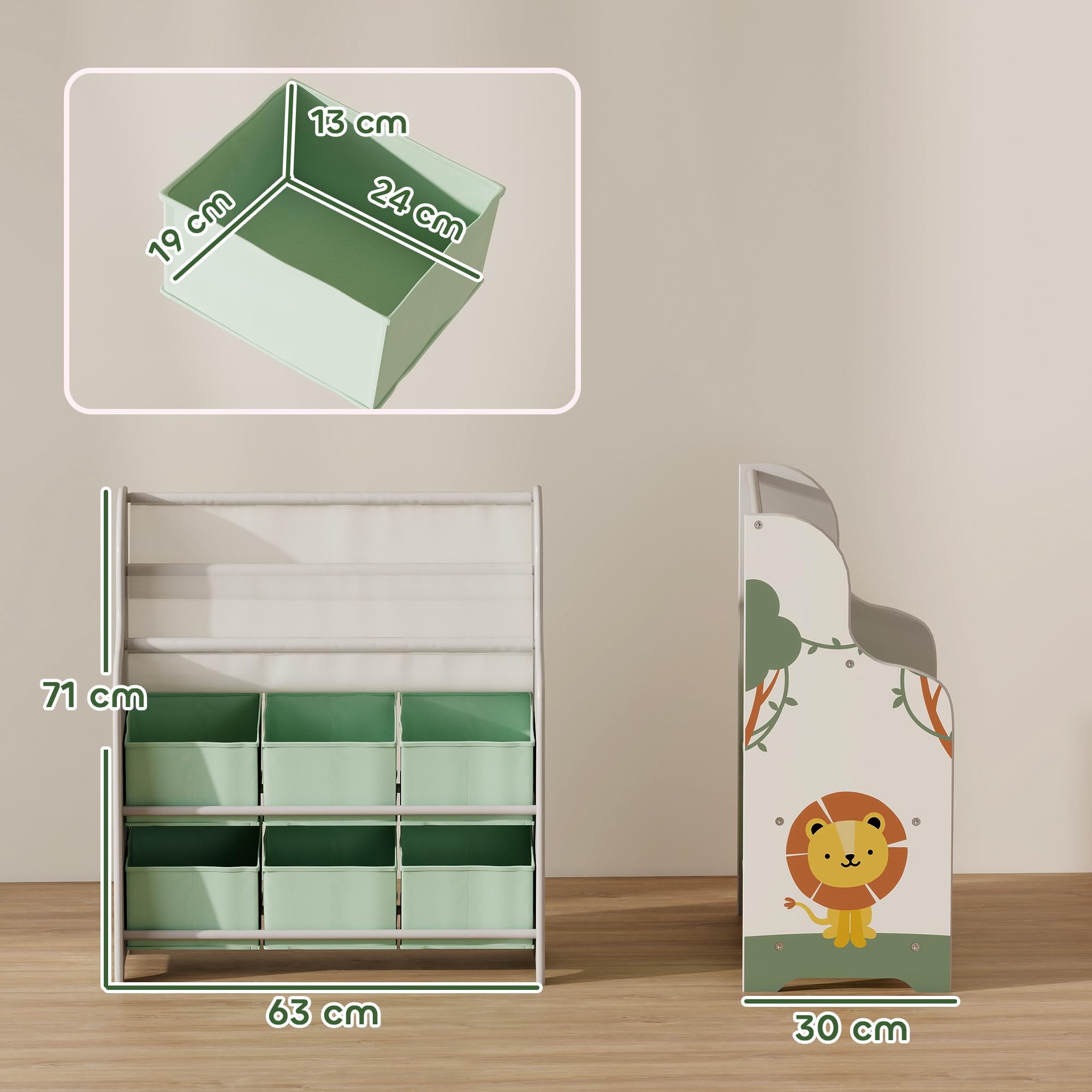 AIYAPLAY Meuble Rangement Enfant, Rangement Jouet Enfant, 6 tiroirs en Tissu et étagère à Deux Niveaux, bibliothèque pour Chambre ou Salle de Jeux, 63x30x71cm, Vert