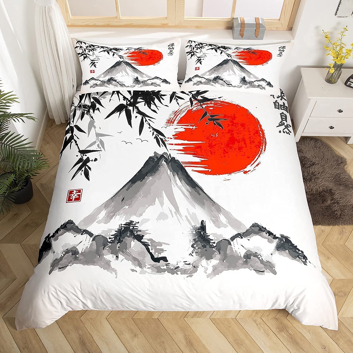 Housse de couette 220x240 style japonais avec taies d'oreiller zippées