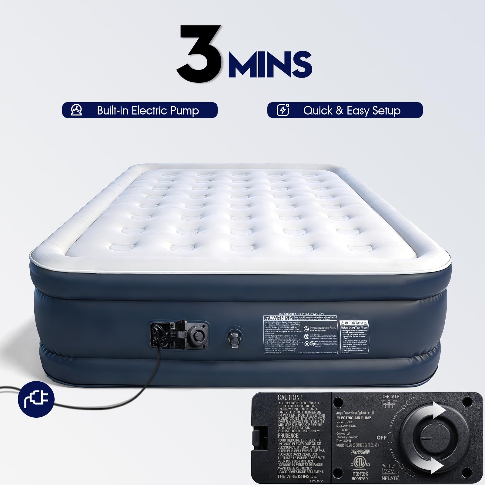 Colchón de aire individual con bomba integrada, 18 pulgadas de alto y capacidad de hasta 800 libras, inflado rápido en 3 minutos, colchón inflable duradero con bolsa de almacenamiento, cama inflable