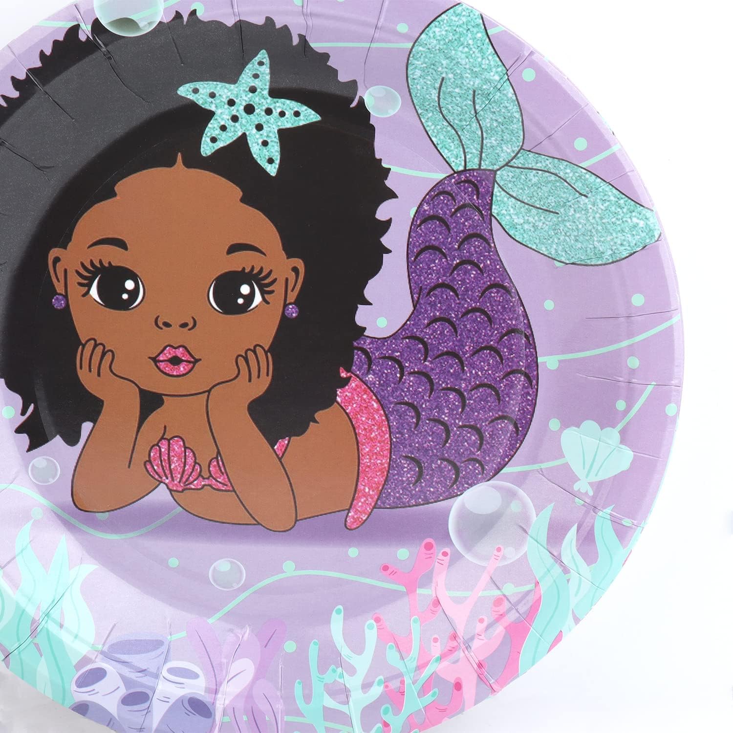 KEPATO 50Pcs Mermaid Plates,Black Girl Mermaid Paper Dinner Plate Birthday Decorations for Mermaid Party Supplies Baby Shower
