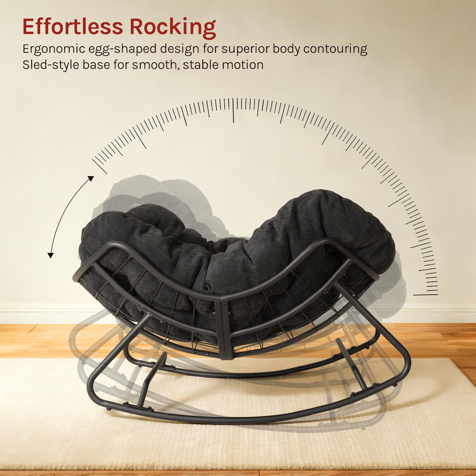 WOLTU Schaukelstuhl, eiförmiger Schaukelsessel Indoor | Chenille-Sitzkissen gepolstert, mit Metallrahmen, 150 kg belastbar, für Schlafzimmer Wohnzimmer, Schwarz