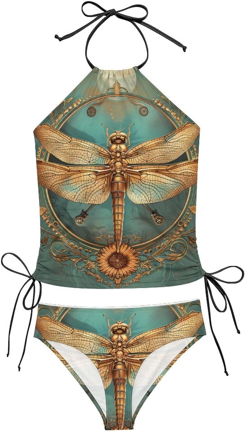 Vintage Gold Dragonfly Women's Tankini Swimsuit Two Piece Tummy Control Bathing Suits Tie String Swimwear