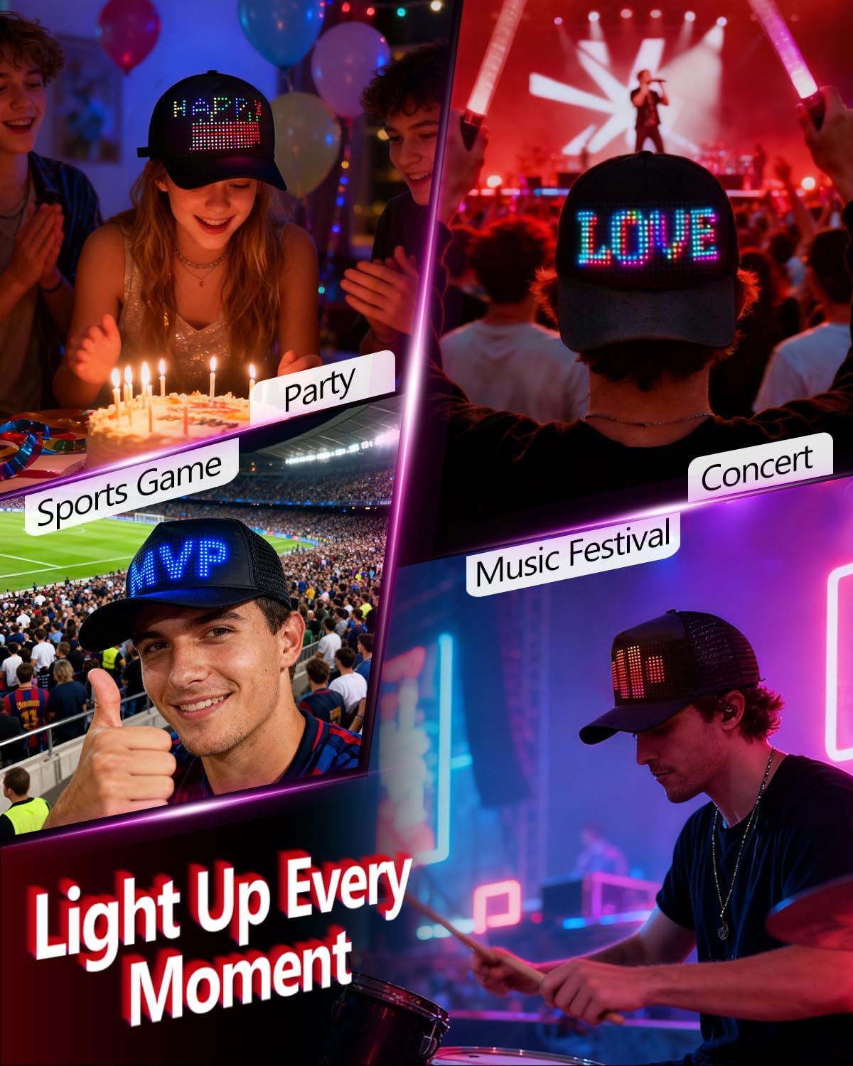 Bright LED Hats, Full-Color LED Display Smart LED Caps, Programmable Rolling Custom Led Hat Bluetooth APP Control - Image 4