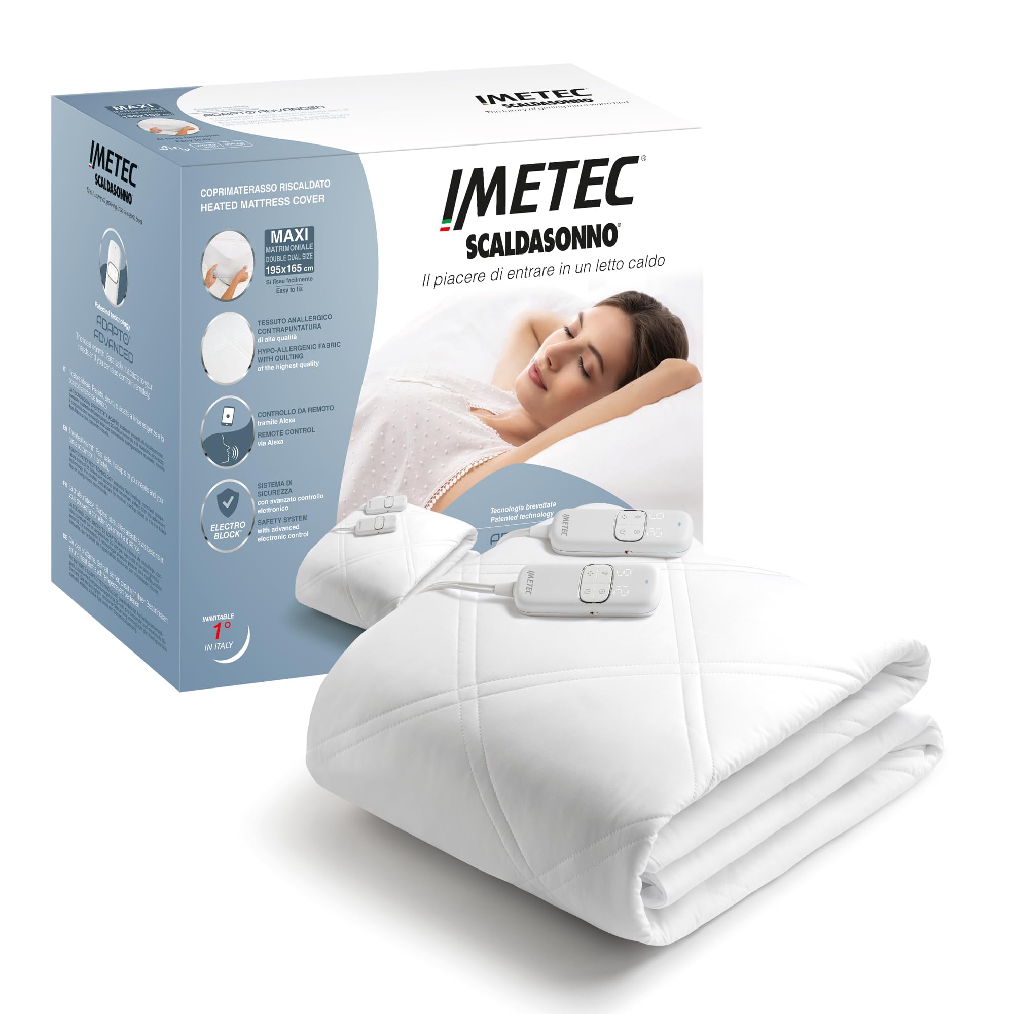 Imetec Scaldasonno Adapto Advanced Maxi Matrimoniale - Programmabile con Alexa, Connettività Wi-Fi e Controllo Vocale, 4 Programmi - 9 Temperature, Riscaldamento Rapido e Bassi Consumi, 195x165cm