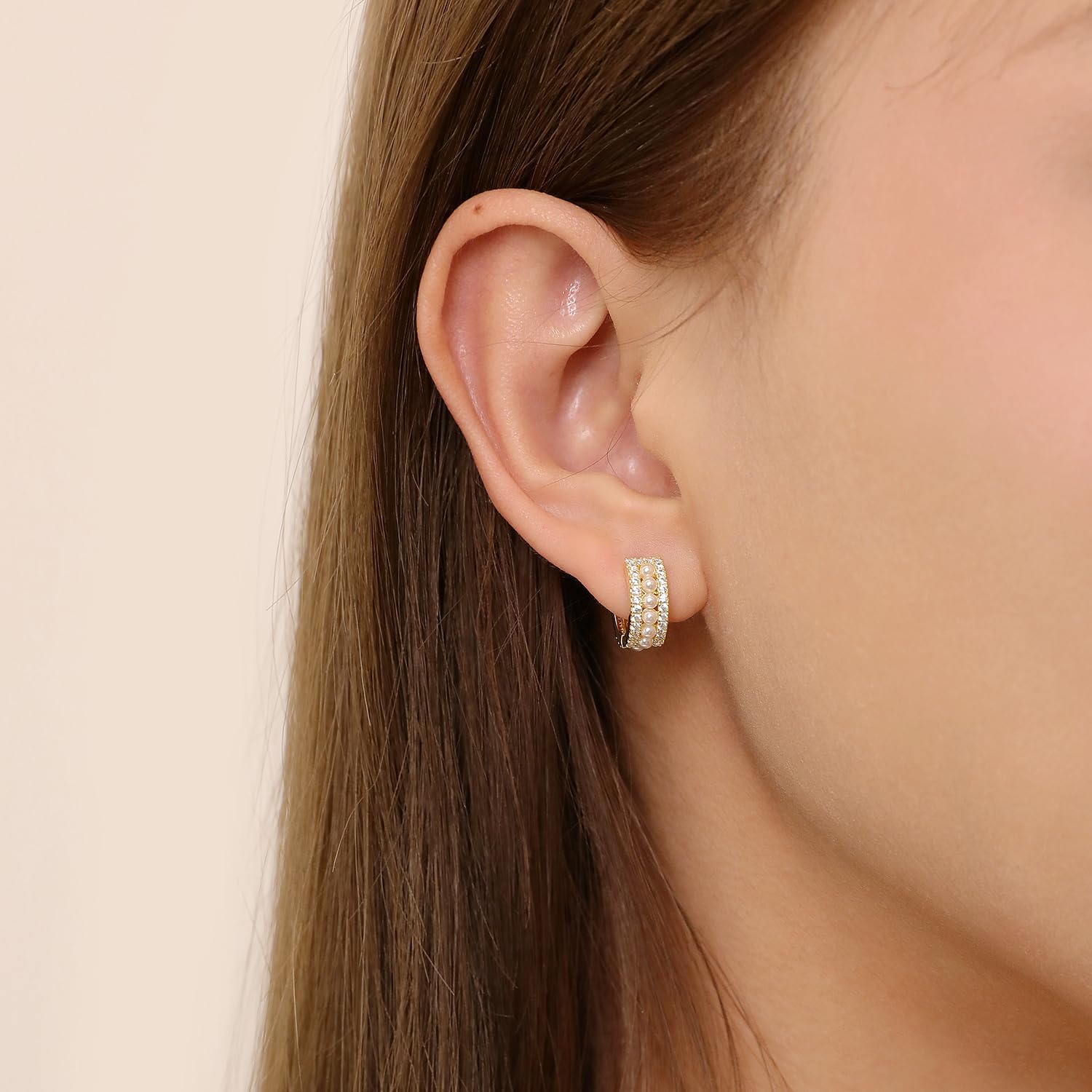 Meissa Pendientes Aro con Perlas para Mujer, Plata de Ley 925 con Baño en Oro o Plata Incrustaciones de Circonitas y Perlas Cierre de Bisagra