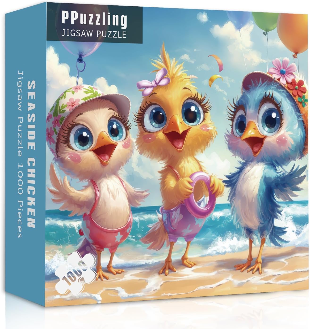 Beach Chicken Puzzles for Adults 1000 Pieces, Thanksgiving Chicken Family Jigsaw Puzzles, Colorful Cute Animal Puzzle as Home Wall Art