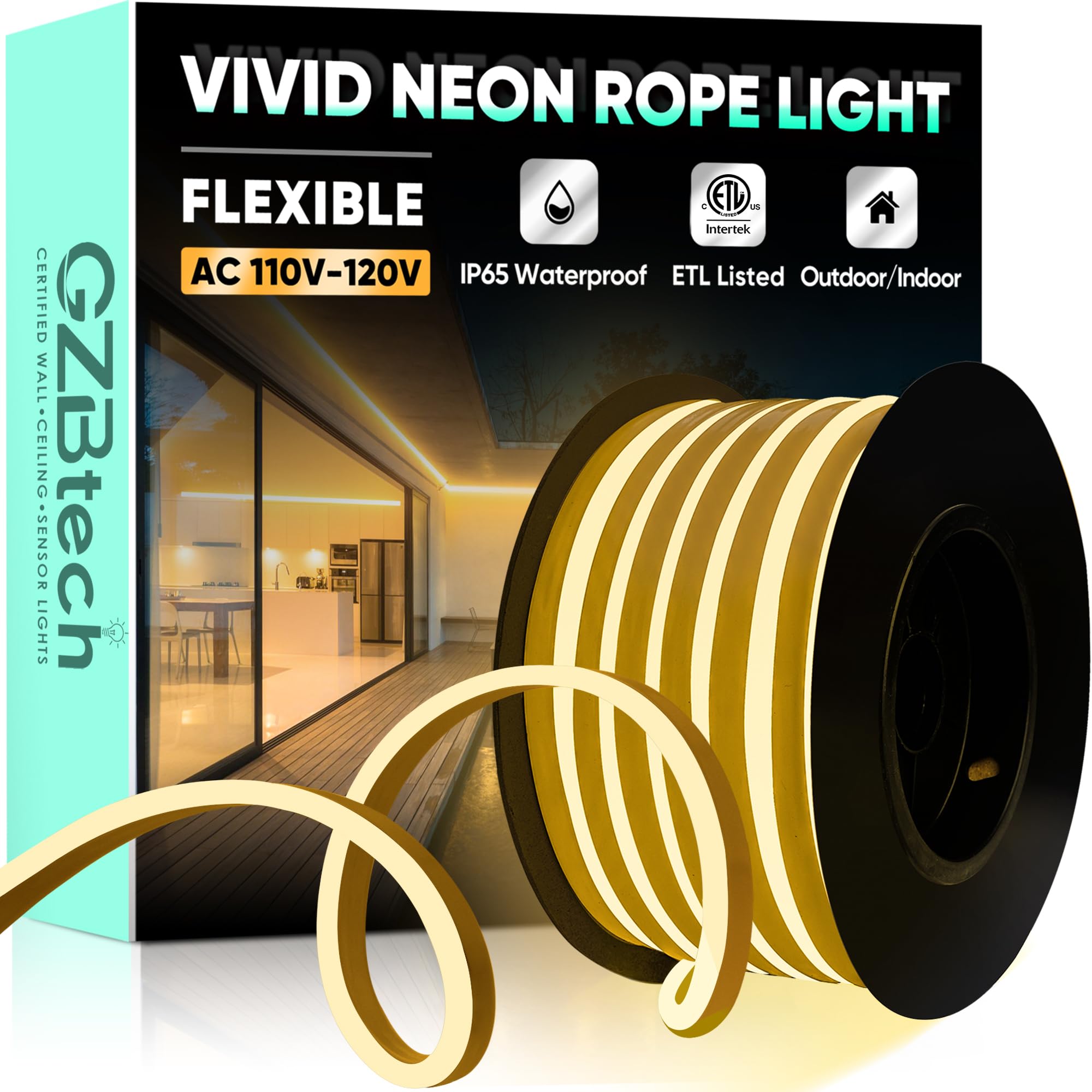 GZBtech Flexible LED Neon Rope Lights 33FT Warm White