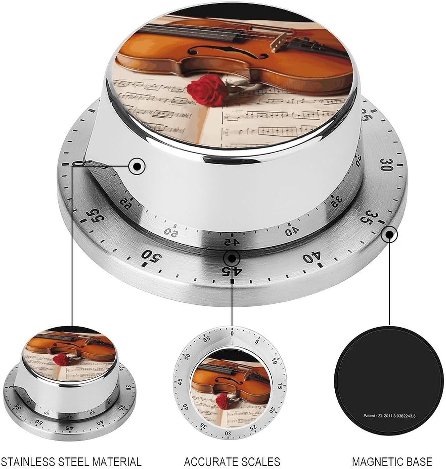 Violin Sheet Music Timer Magnetic Backing 100% Mechanical Desk Timers Wind Up 60 Minutes Manual Countdown Timers No Batteries Required Kitchen Timer for Cooking