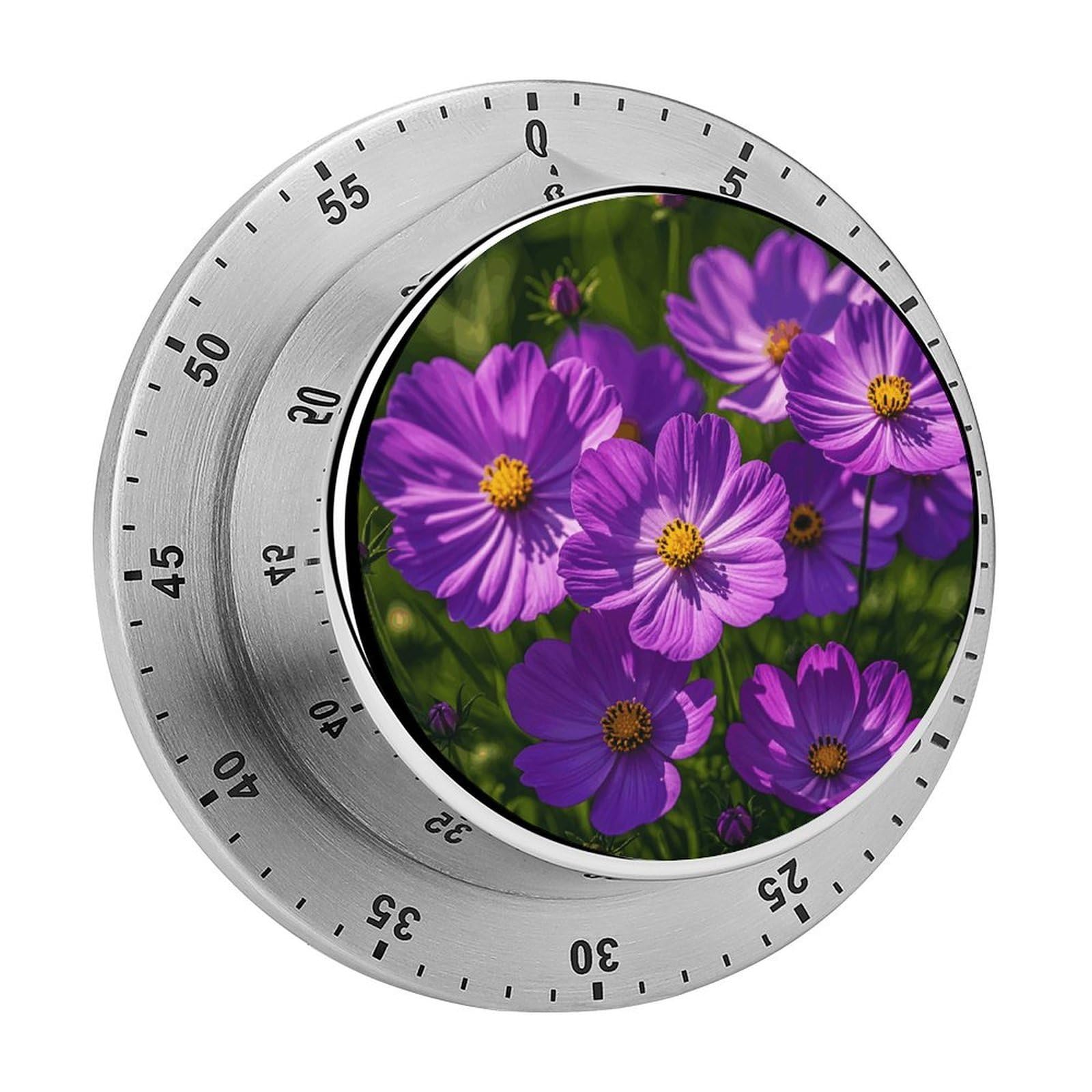 Mechanical Kitchen Timer with Magnetic Back, Stainless Steel Manual Purple Flowers Printed Timer for Cooking and Time Management