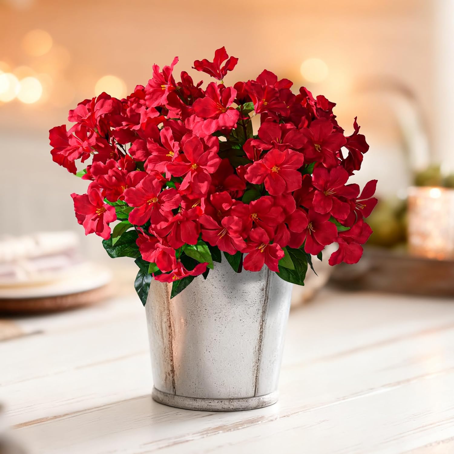 Artificial Azalea Flowers for Outdoors 4 Bundles Fake Silk Azalea Bouquet Faux Flower Plants Realistic Fake Flowers for Planter Front Door Patio Garden Box Balcony Walkway Home Decor (Red) - Image 6