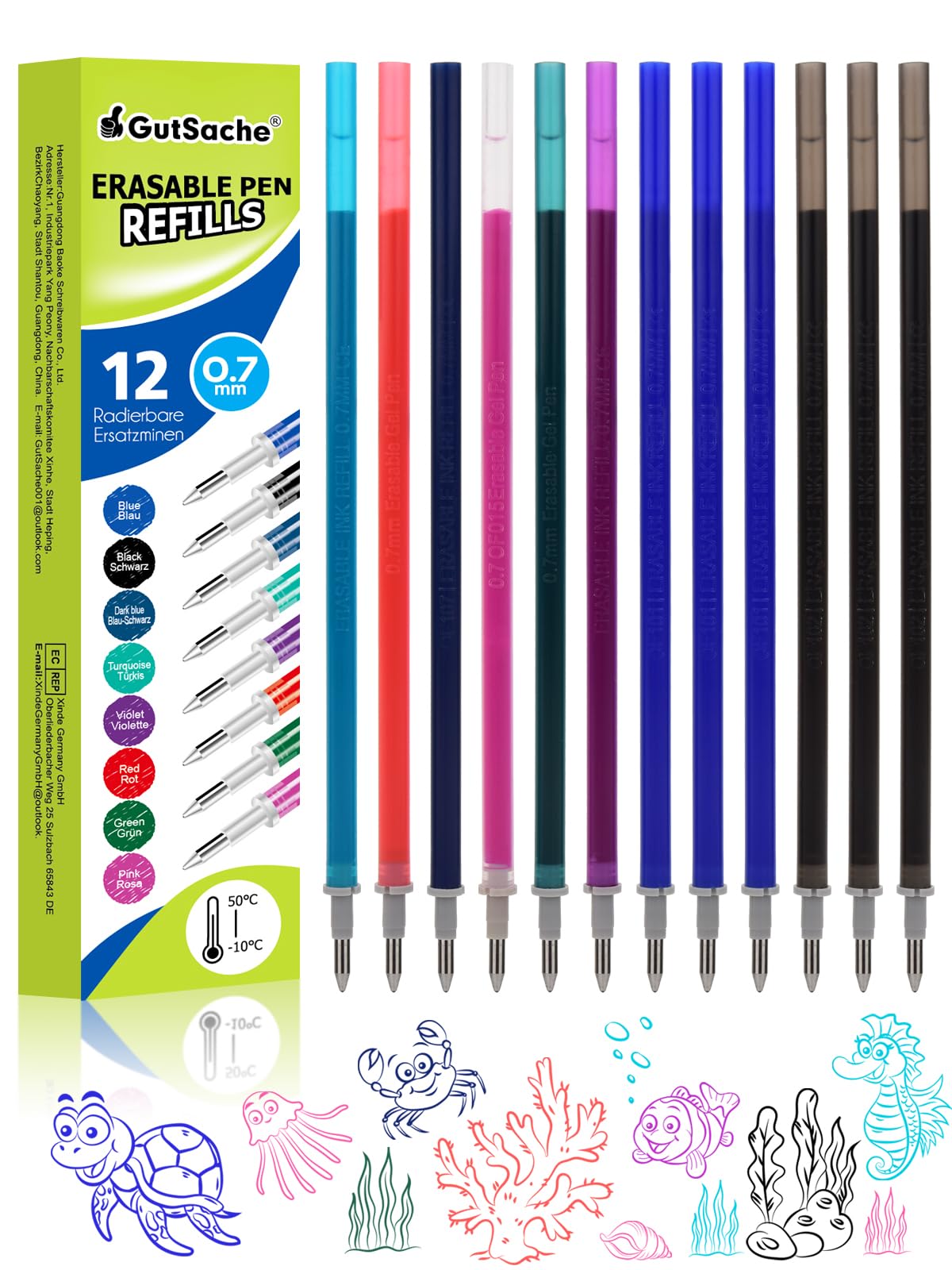GutSache 12x Radierbarer Ersatzminen Kompatibel mit Legami, Stiftspitze 0,7mm - Höhe 13 cm - Gelschreibermine Radierbar - Ideal für Büro und Schule